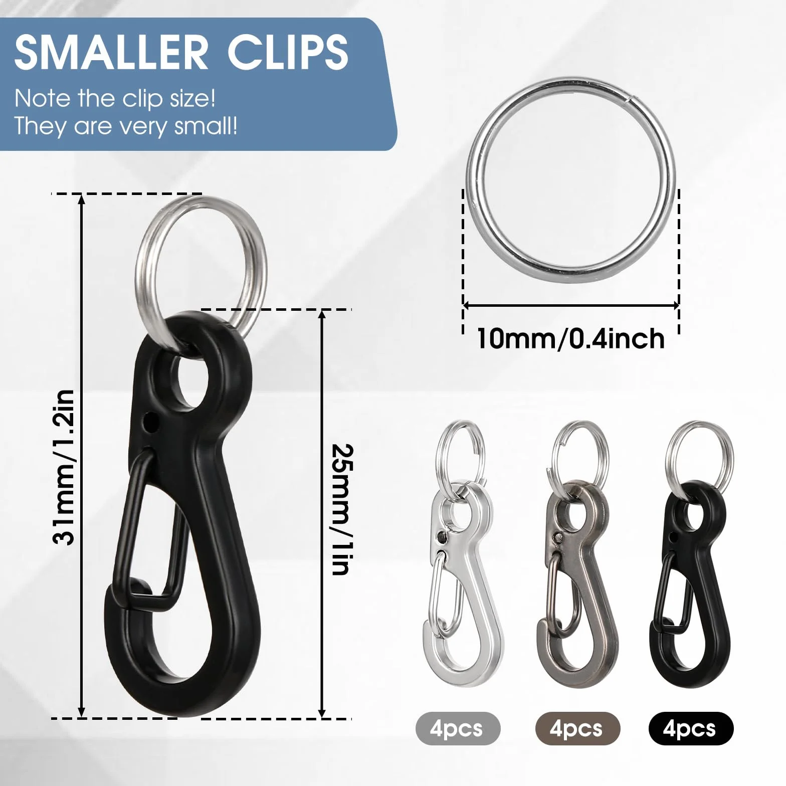 Mini Carabiner Caribeana 12 szt. Małe metalowe klipsy do kluczy 2,5 cm 3 kolory