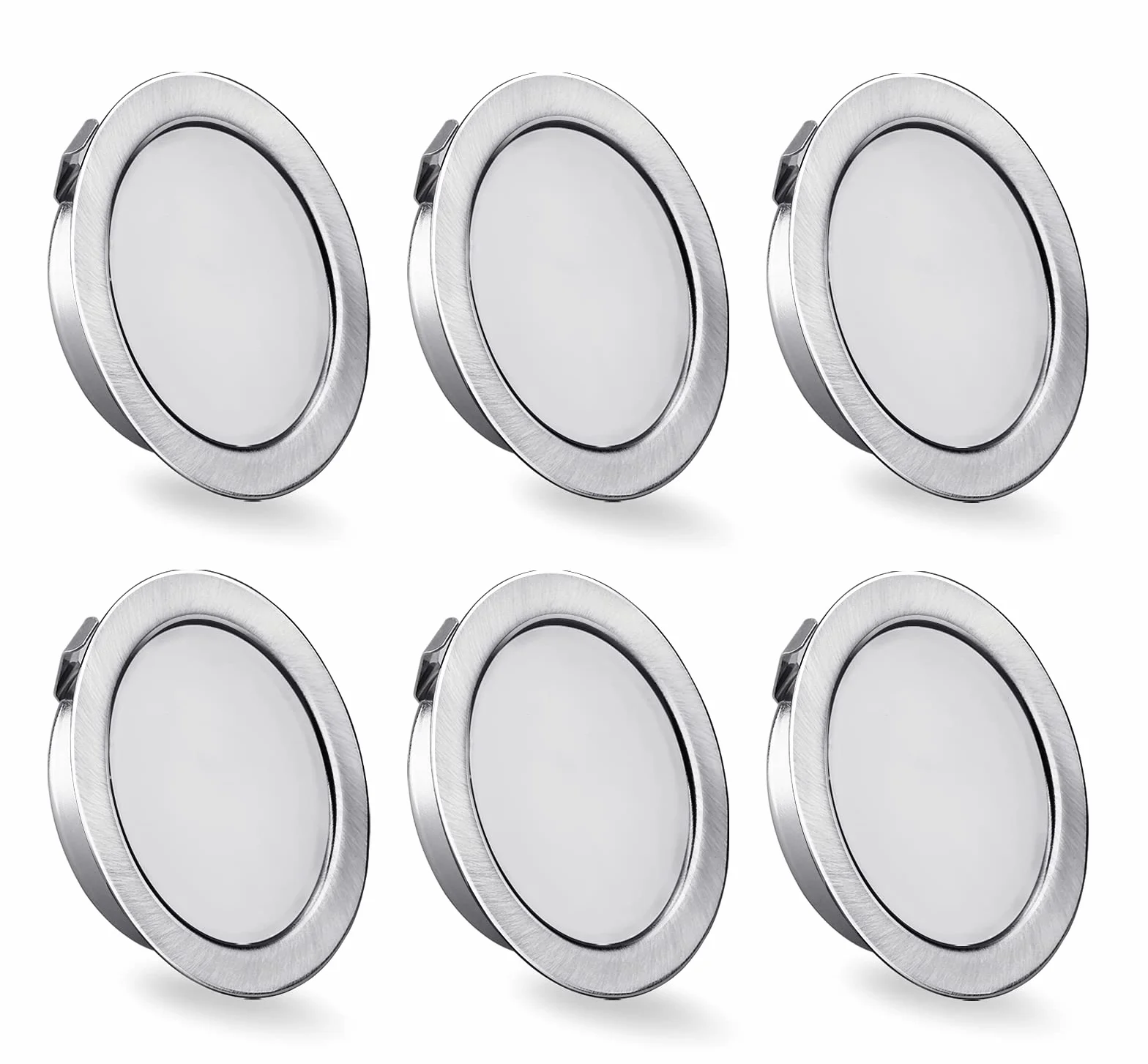 KYOTECH Zestaw 6 lamp meblowych LED 230V 3,5W IP44 G4 15mm płaskie do zabudowy szczotkowana stal nierdzewna 3000K ciepła biel