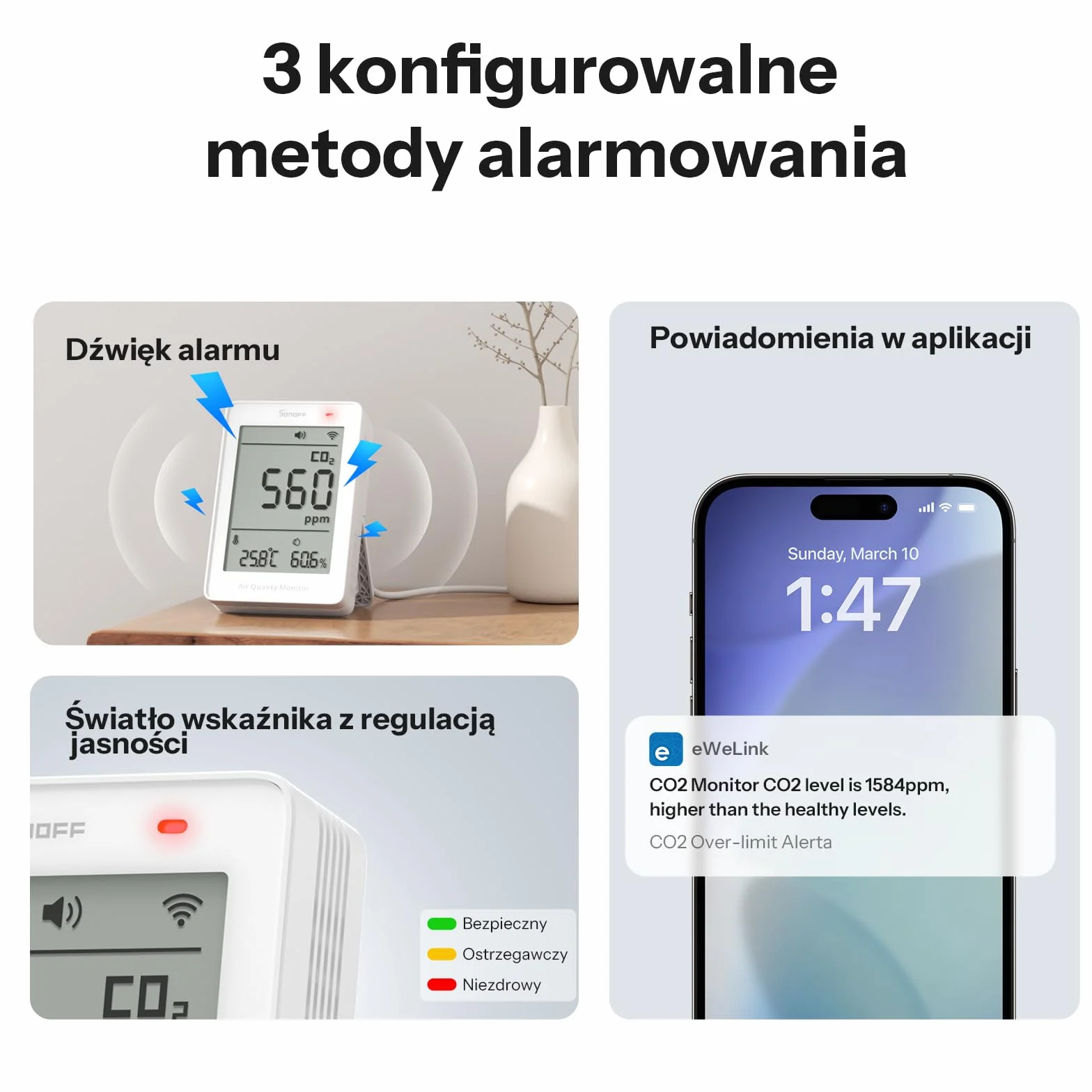 SONOFF AirGuard CO2, Inteligentny Monitor Jakości Powietrza, Zgodny z Matter, WiFi 2,4 GHz, Detektor CO2/Temp/Wilgotności, Wyświetlacz i Alarm w Czasie Rzeczywistym, do Sypialni/Pokoju Dziecięcego