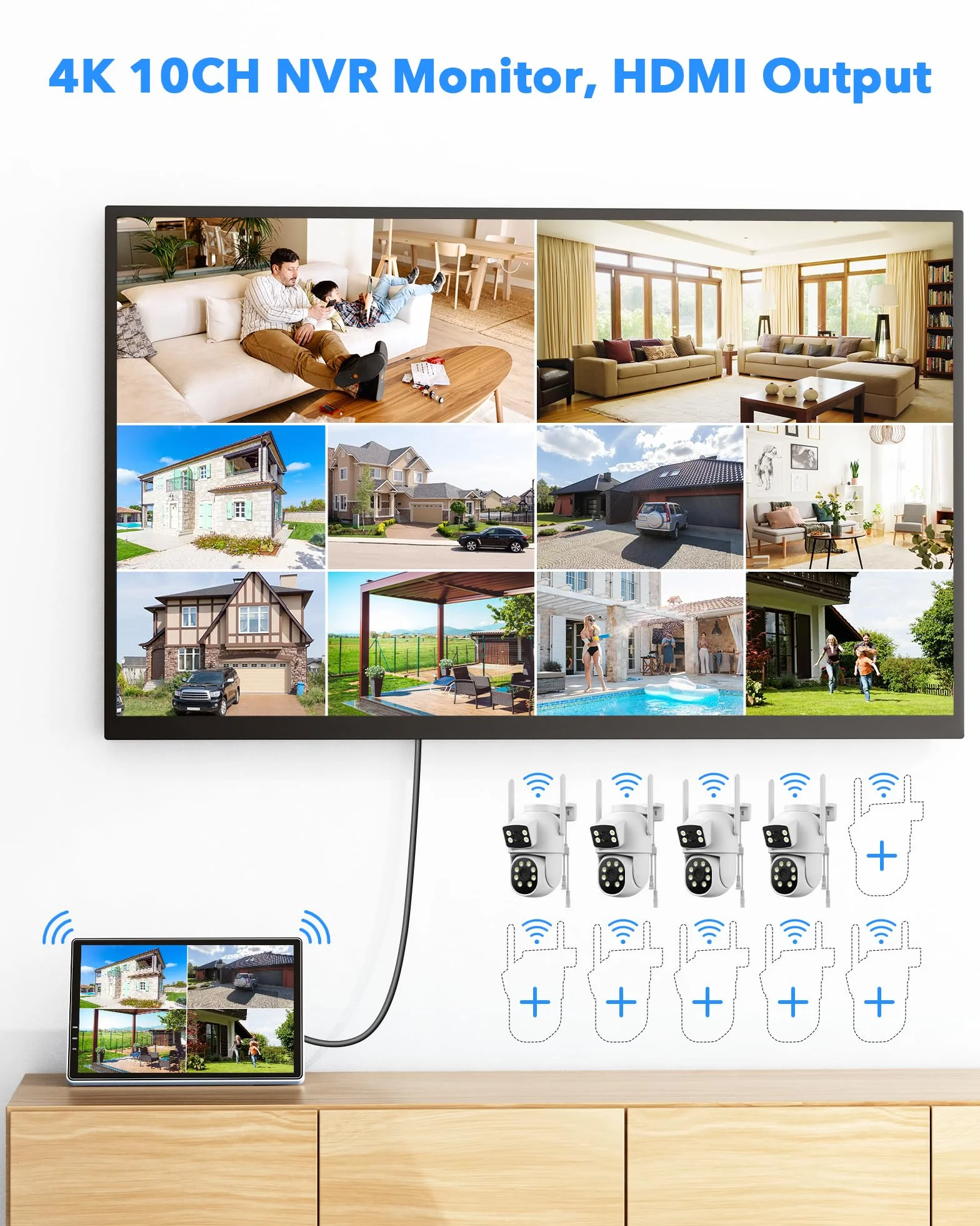 Camcamp Zestaw kamer monitoringowych 10" ekran WLAN WiFi 2,4/5GHz 10CH NVR 4x 2K 360° PTZ podwójny obiektyw kolorowa noktowizja