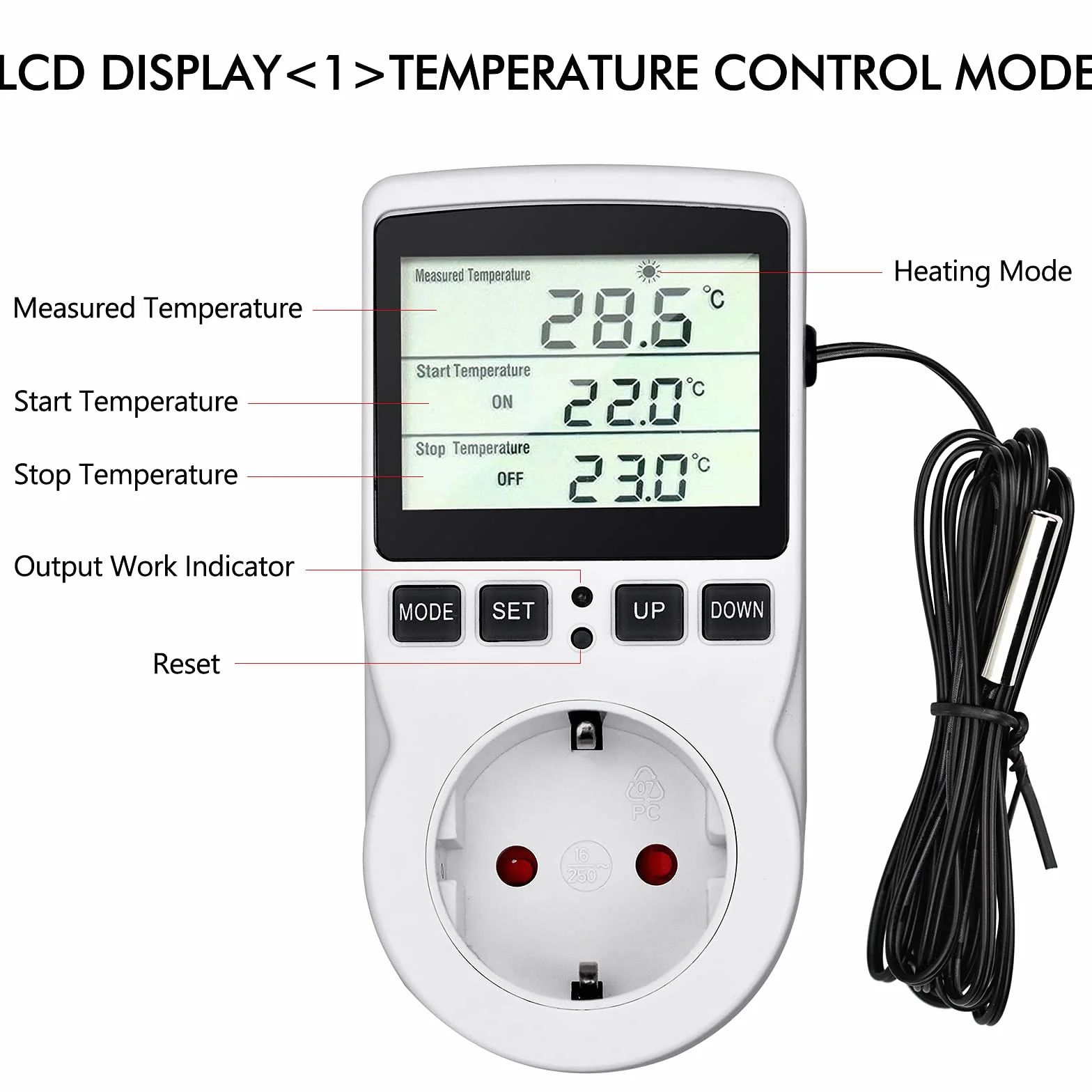 Regulator temperatury 230 V, termostat cyfrowy z czujnikiem temperatury, wtyczkowy do sterowania ogrzewaniem i chłodzeniem