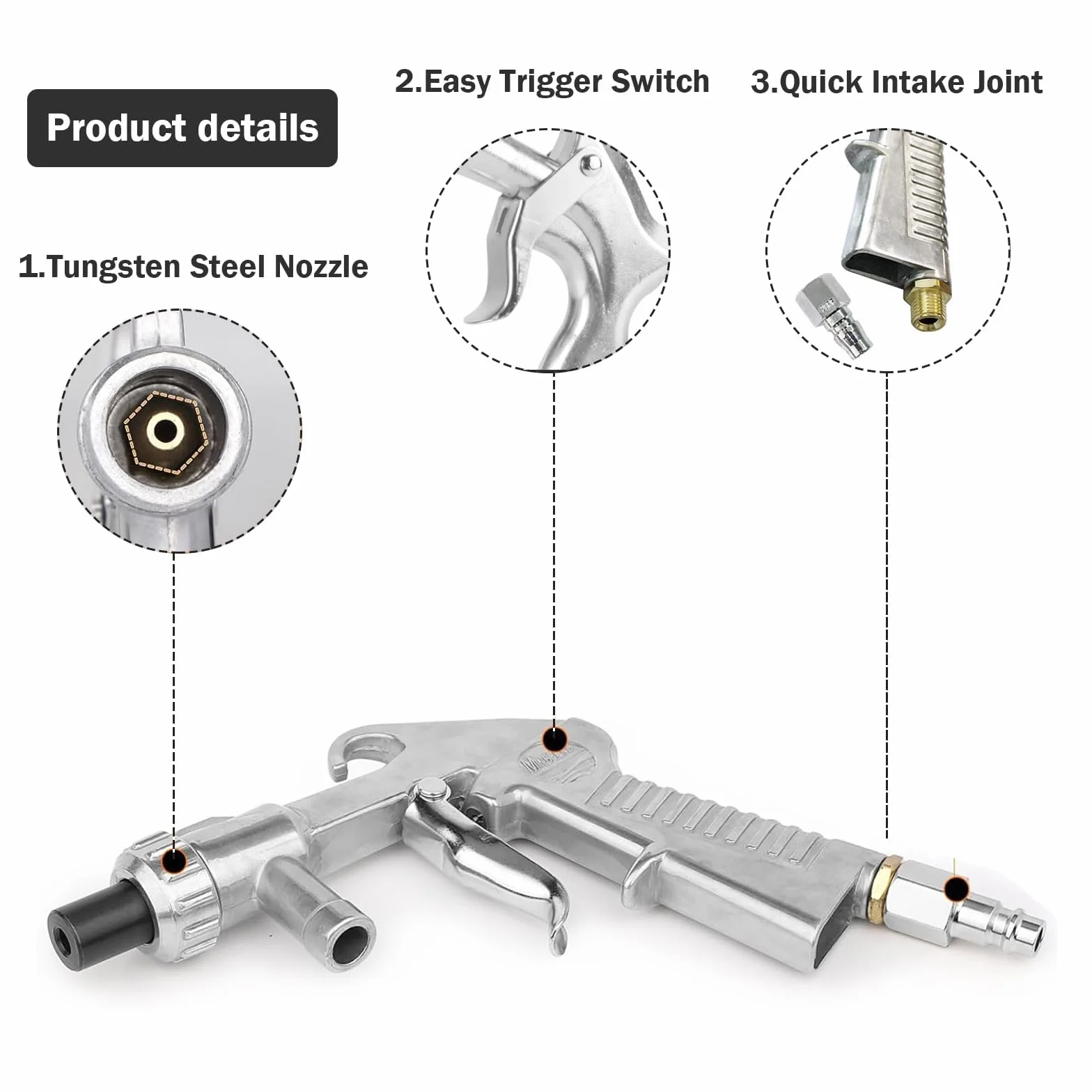 Pistolet do piaskowania sprężonego powietrza z dyszami, czarna metalowa dysza, złączka ze stali nierdzewnej