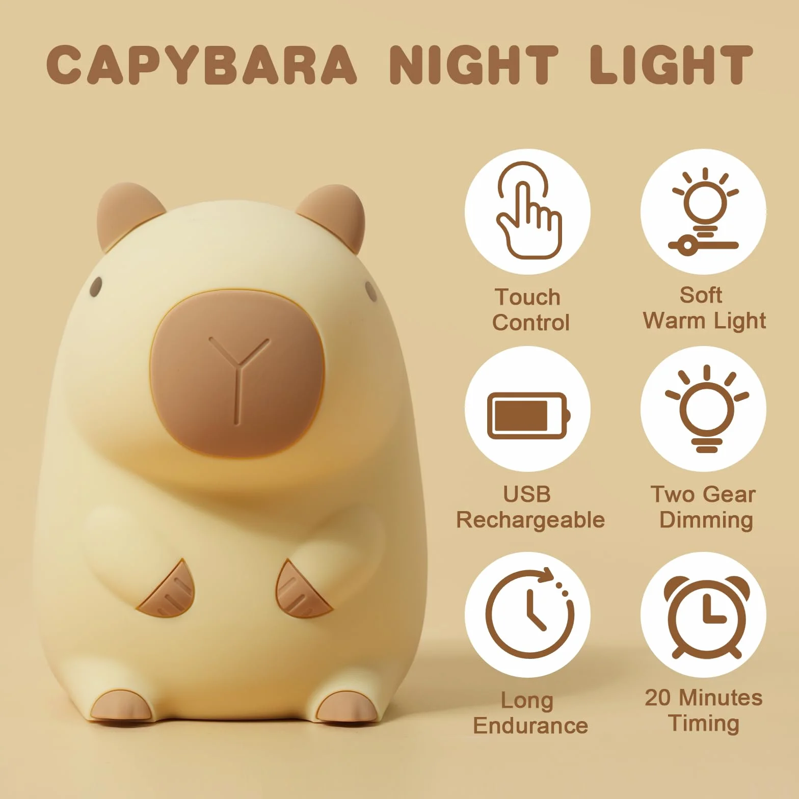 Lampka nocna z kapibarą z funkcją dotykowego sterowania USB i timerem