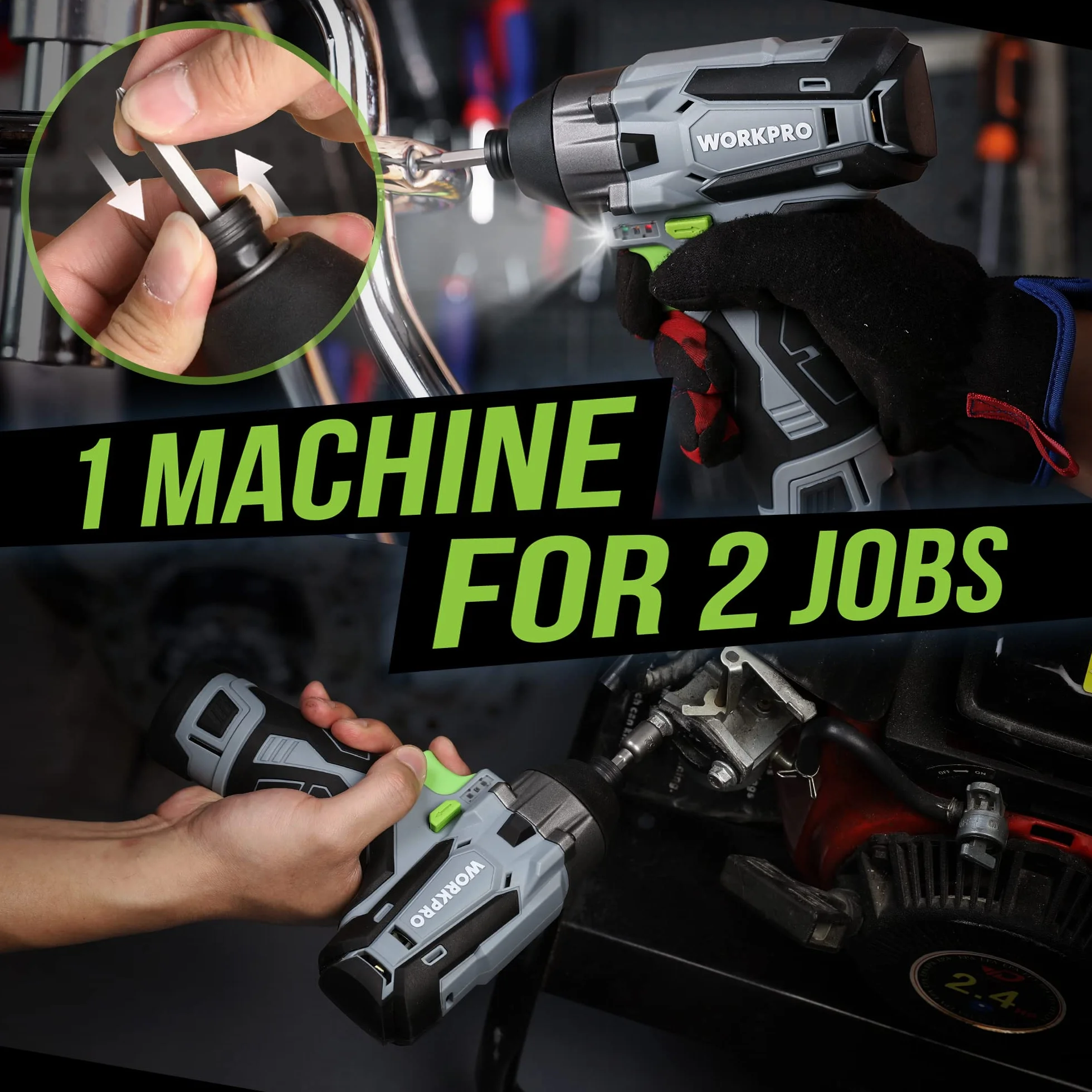 WORKPRO Akumulatorowa wkrętarka udarowa 12V 2,0Ah 1/4" sześciokątna z 14 akcesoriami i torbą