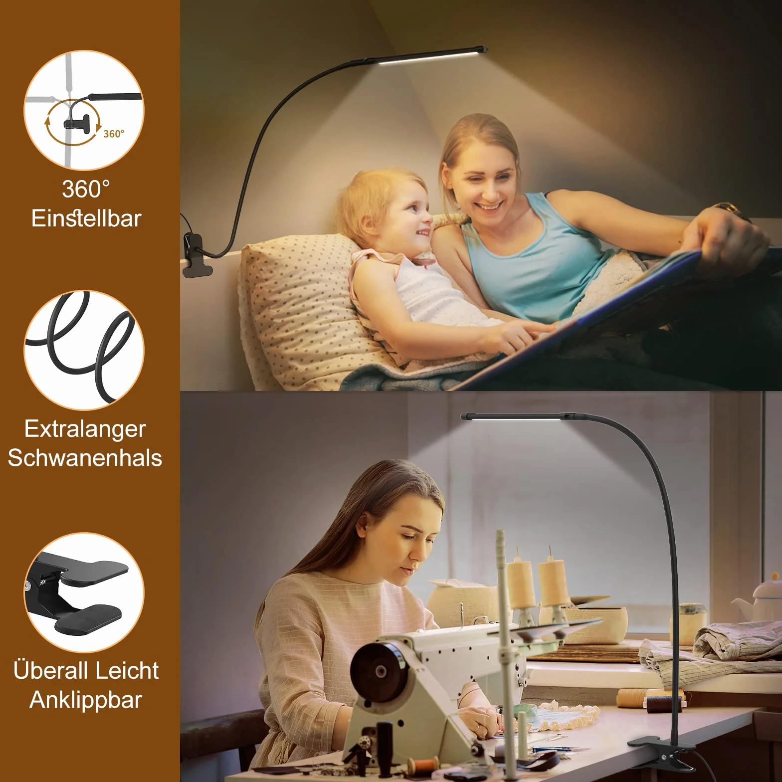 iZELL 77 LED Lampa biurkowa 70 cm z zaciskiem, 3 kolory, 10 poziomów jasności, 360° elastyczna, USB