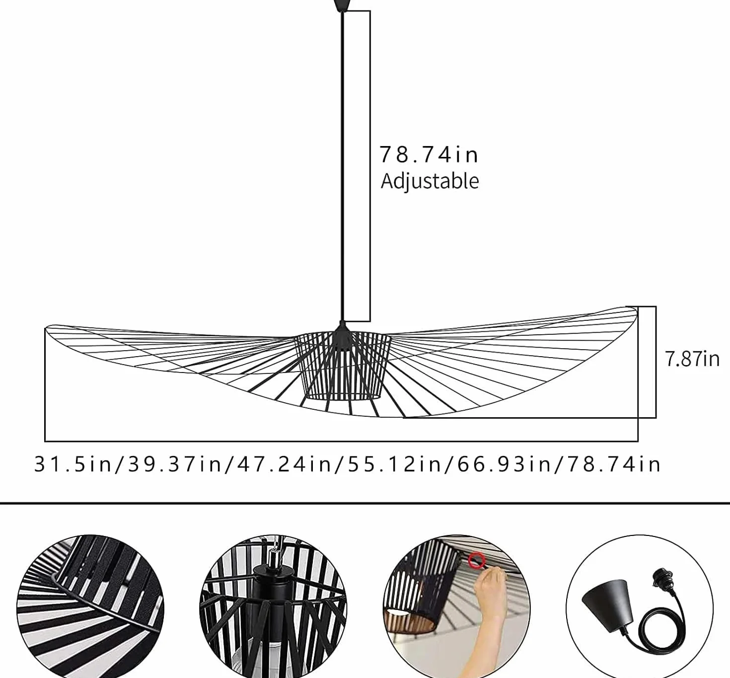 Żyrandol Retro Vertigo z Włókna Szklanego, Nowoczesny Projekt, Oświetlenie Dekoracyjne E27, Czarny 100cm
