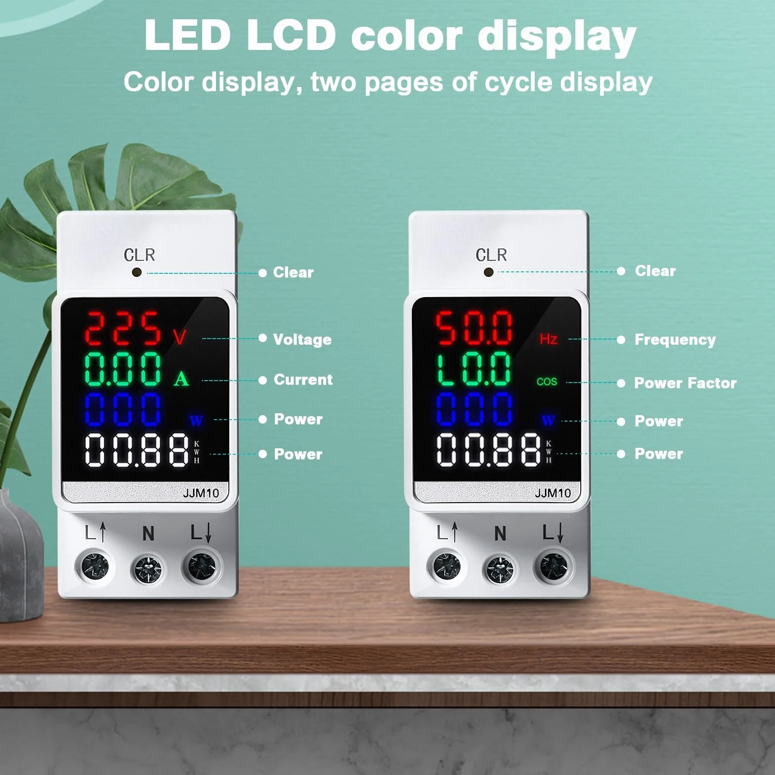 Jadeshay Licznik prądu na szynę montażową, cyfrowy jednofazowy LCD AC80-270V 100A amperomierz woltomierz KWh