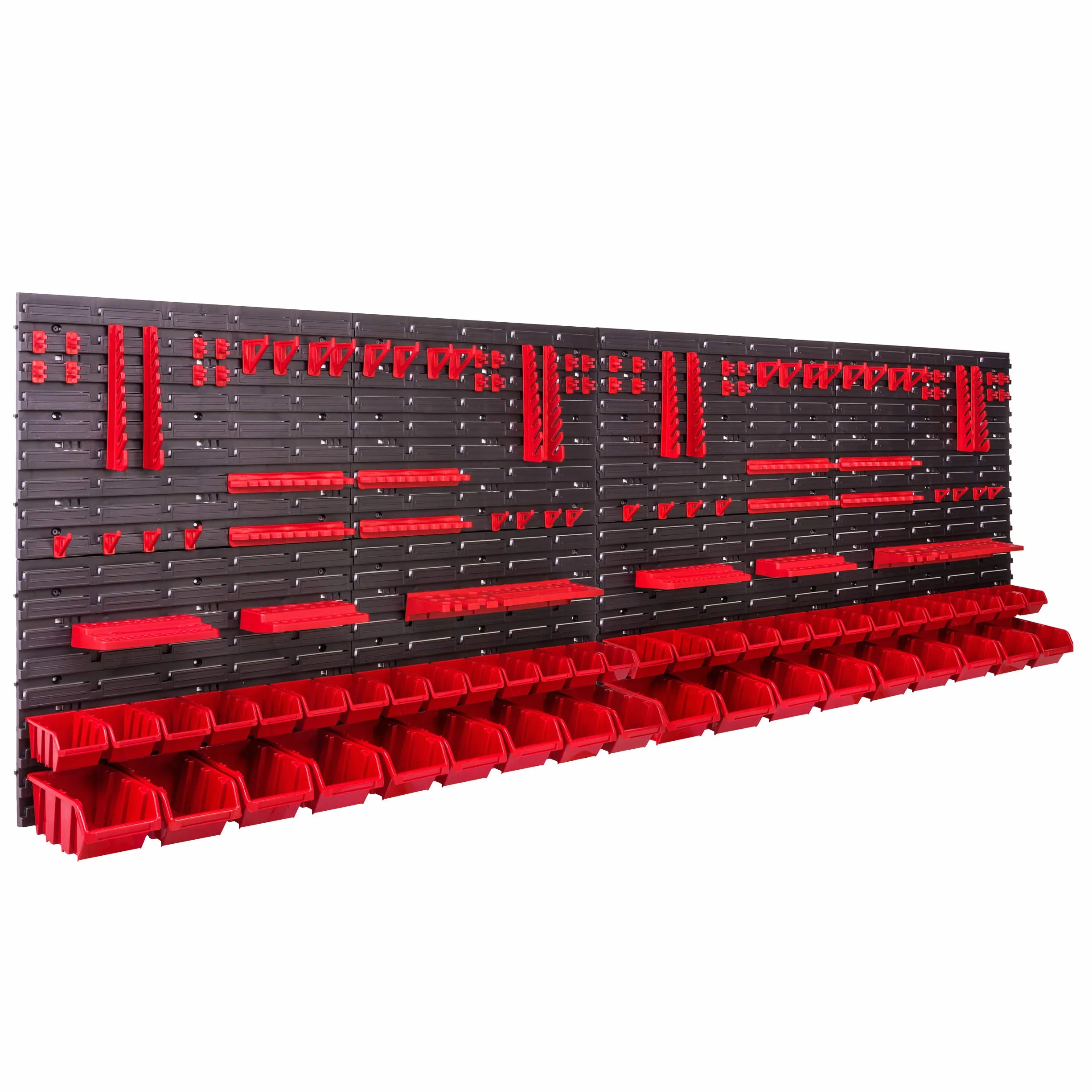 Tablica narzędziowa ścianka warsztatowa 230 x 78 cm czerwone pojemniki 46 sztuk panele półki uchwyty na narzędzia