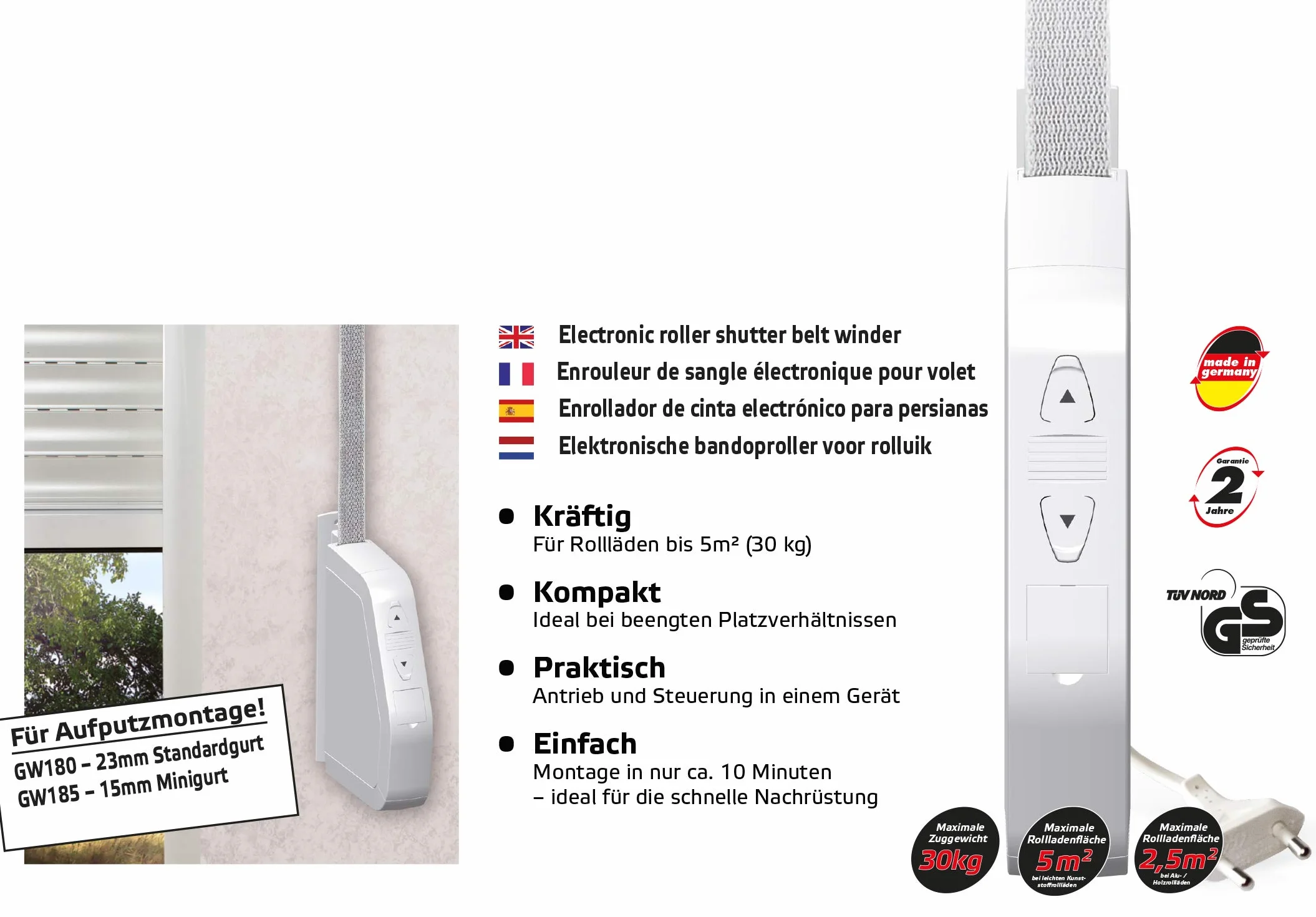 SuperRollo SR10185 GW185 elektryczna nawijarka taśmowa 15 mm siła ciągnąca 30 kg natynkowa