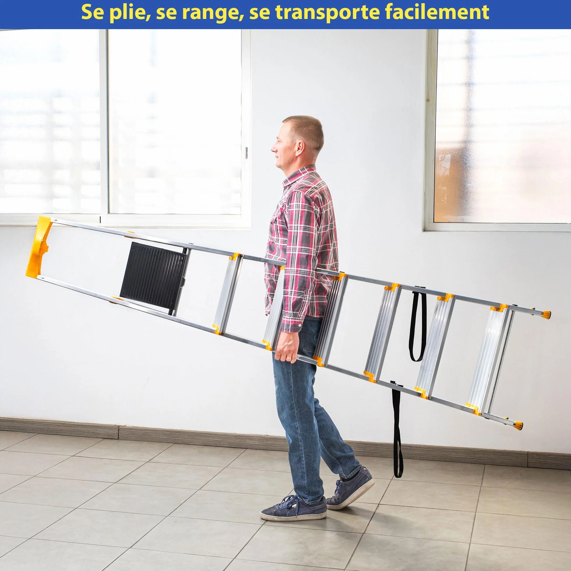 HOSTROM 7-stopniowa aluminiowa drabinka składana, 12 cm stopnie, uchwyt na narzędzia