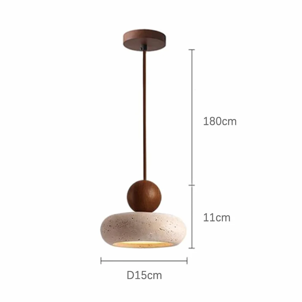 Lampa Wisząca z Trawertynu LED Styl Wabi-Sabi Drewno Okrągła Żyrandol Kamień Naturalny Mała Lampka Nocna