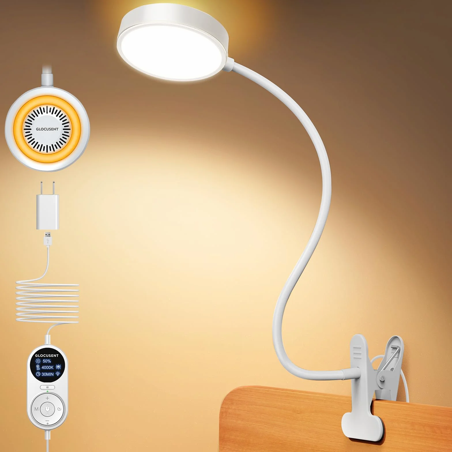 Glocusent Lampka do czytania do łóżka, 72 LED lampa zaciskowa z 3 kolorami i 5 poziomami jasności, elastyczna lampka do łóżka z pomarańczowym światłem nocnym, 30/60-minutowy timer, ochrona oczu, do