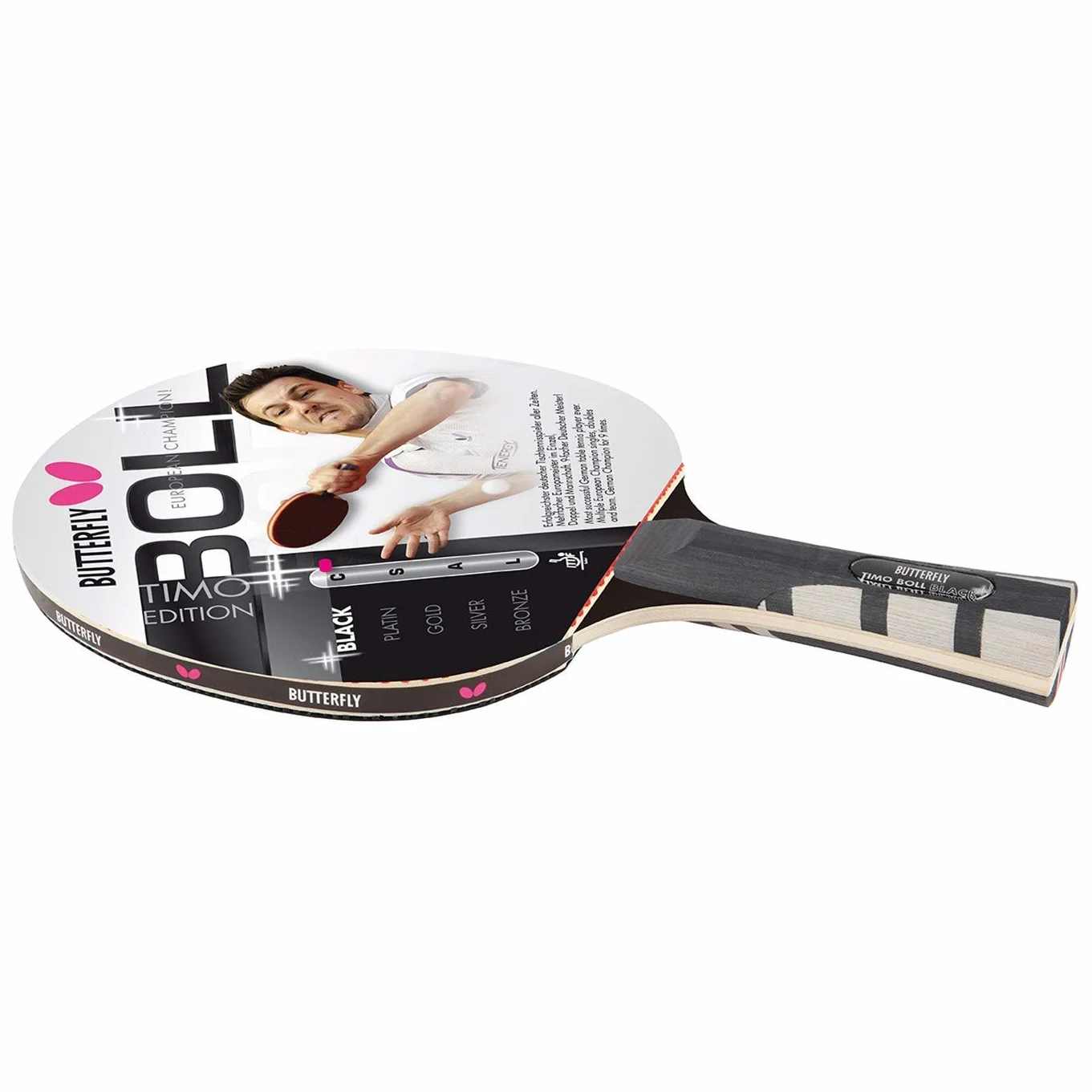Butterfly® Timo Boll Black 85030 rakieta do tenisa stołowego, profesjonalna rakieta do tenisa stołowego, dla zaawansowanych technicznie graczy, z certyfikatem ITTF Wakaba, anatomiczny kształt uchwytu