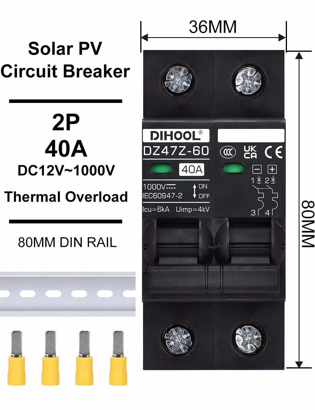 DIHOOL Wyłącznik 1000VDC Solar PV Bezpiecznik fotowoltaiczny 2 Pole 40 Amp