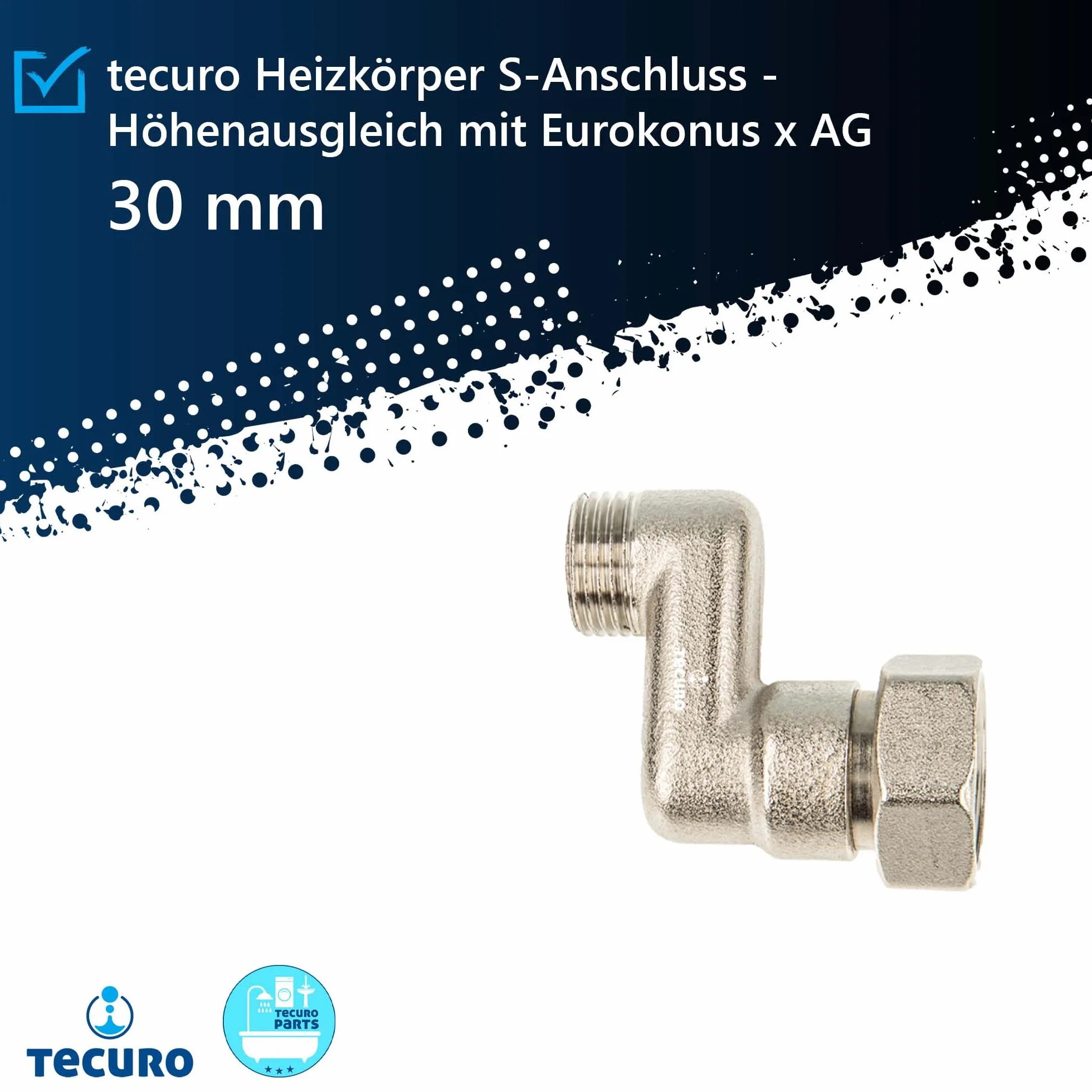 Tecuro Grzejnik S-Connector 30 mm Regulacja wysokości z Eurocone DN 15 Gwint zewnętrzny x DN 20 Nakrętka Unionowa Mosiądz Niklowany AGS-30