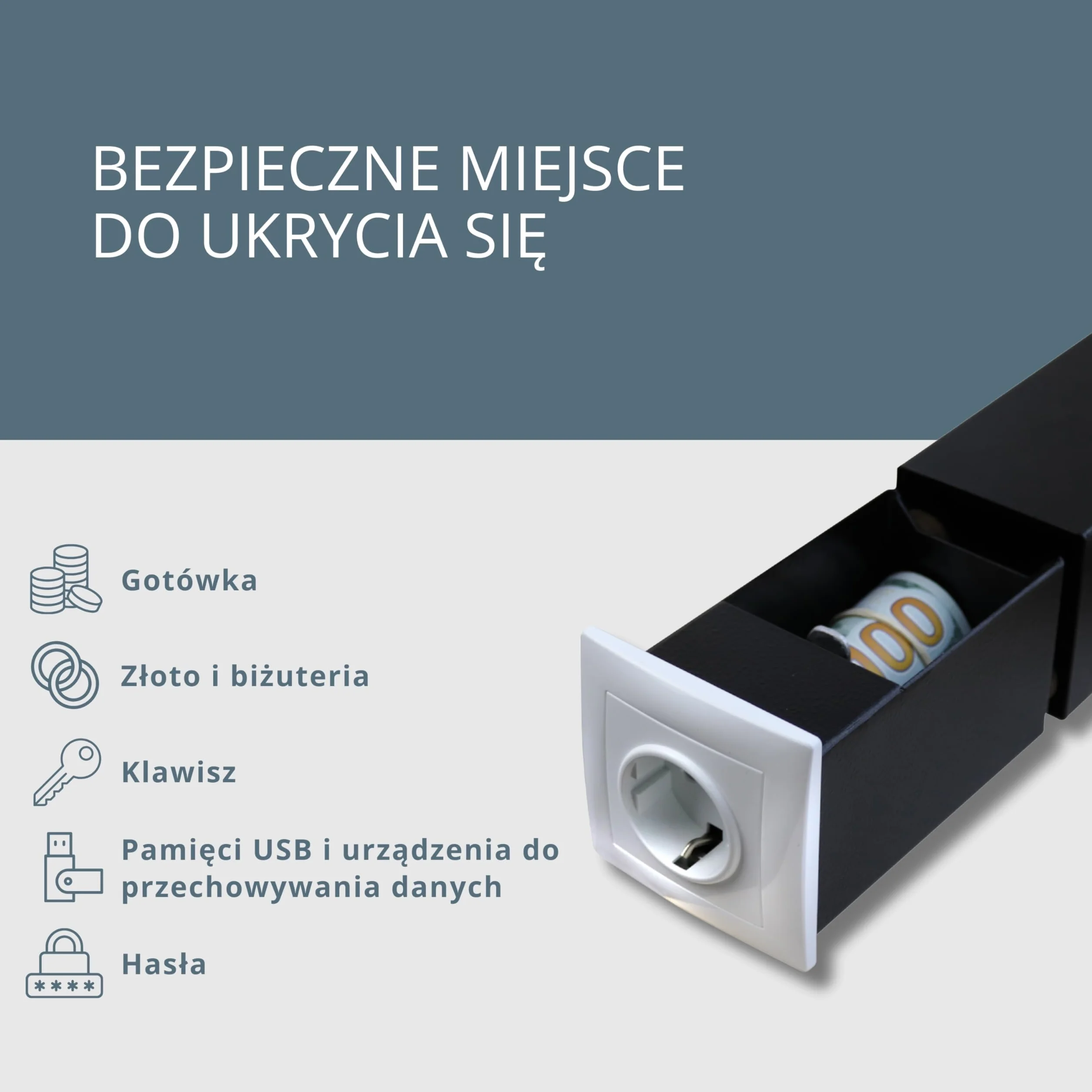 Sejf ścienny z gniazdkiem elektrycznym, magnetycznym otwieraniem i zamkiem