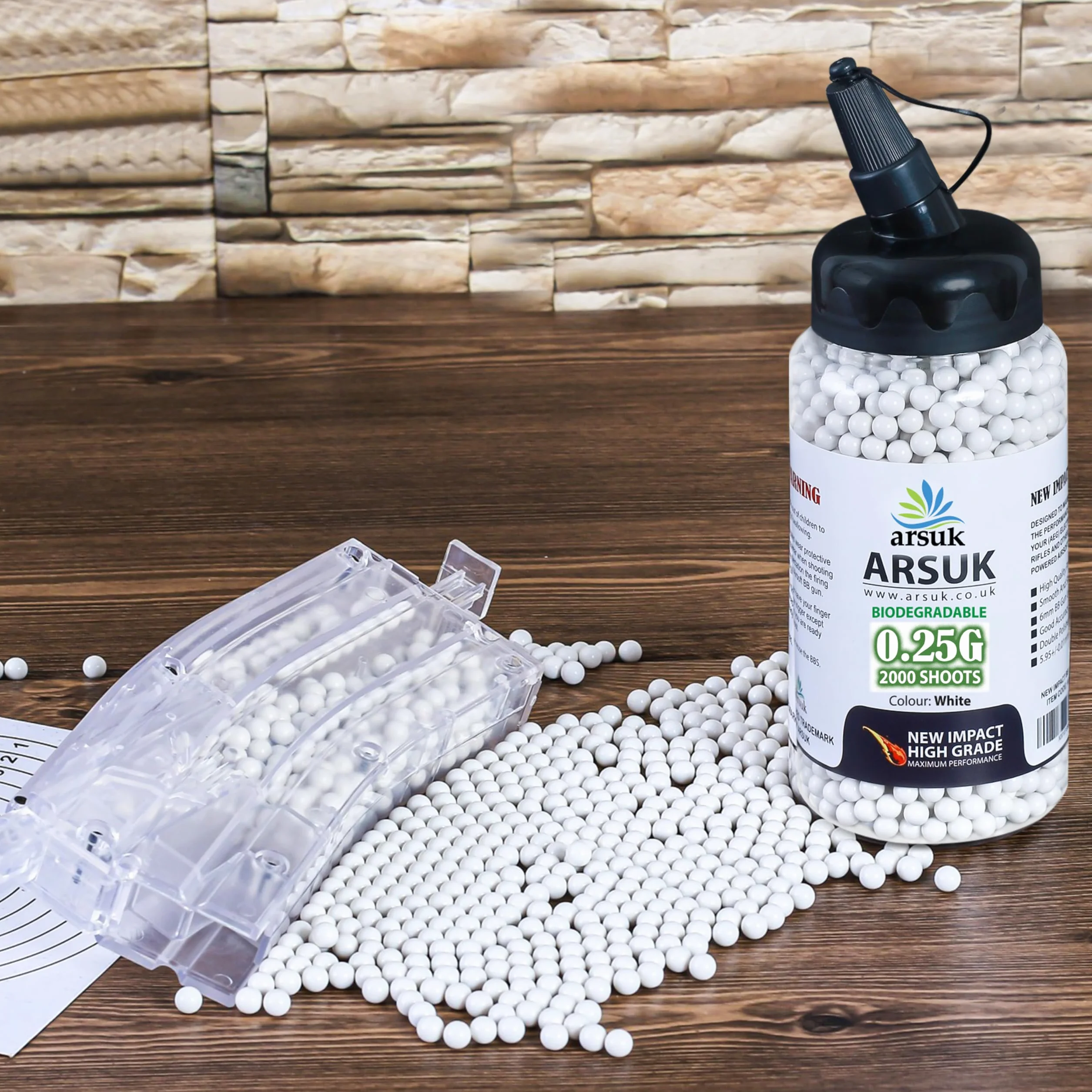 ARSUK Airsoft Pellety BB - Ulegające biodegradacji Wysoka ocena Paintball Plastikowy Kule do Pistolet na pelety i Wiatrówki - 1000, 2000, 5000 i 10000 Rundy 6mm Kulki 0,20g (Bio White - 2000 strzałów)