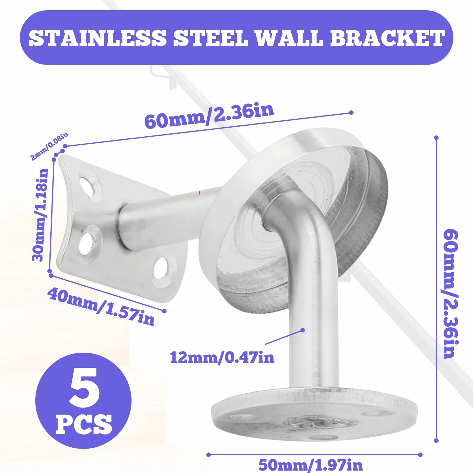 Uchwyt poręczy ze stali nierdzewnej 48x29 mm 5 sztuk regulacja nachylenia