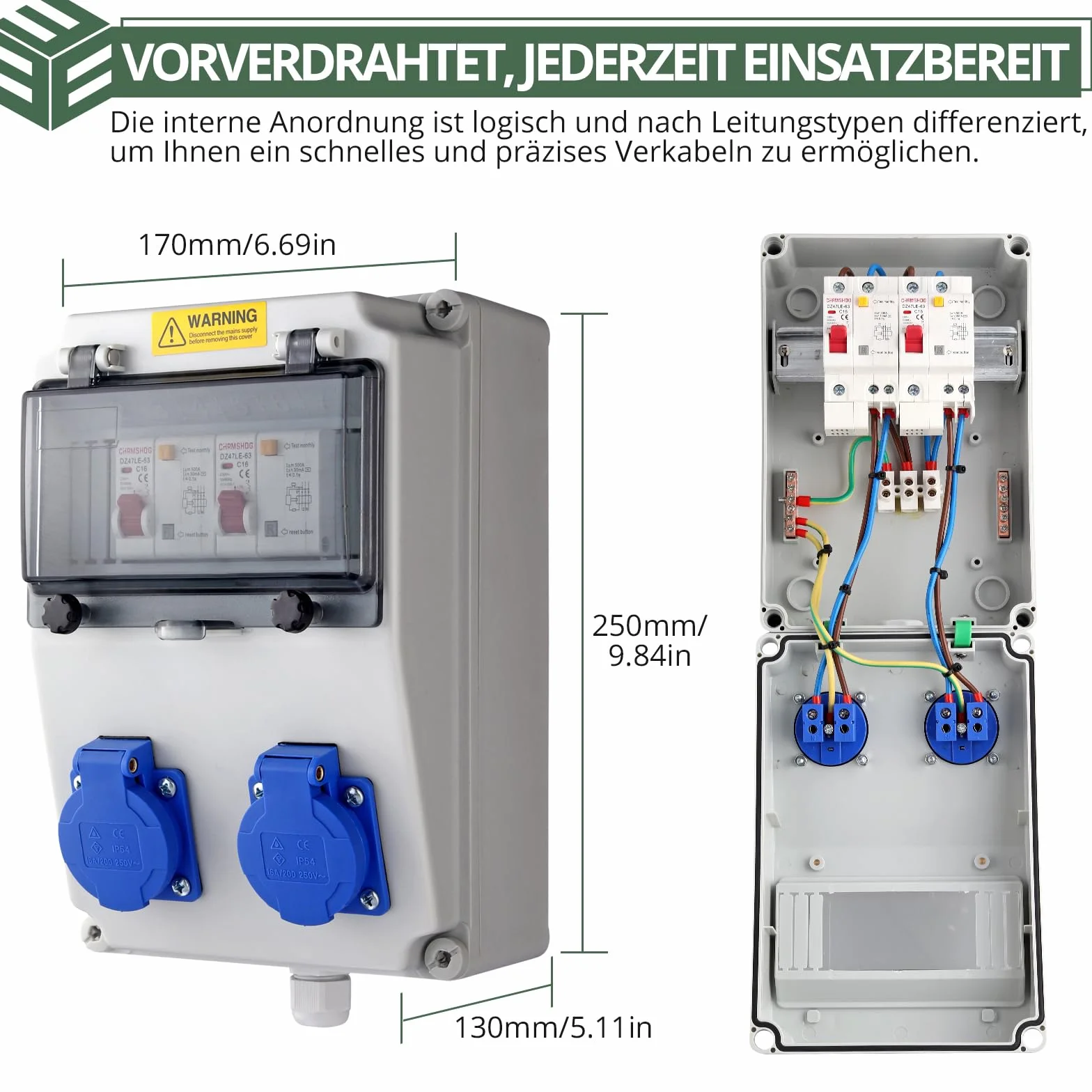 EYPINS Rozdzielacz prądu budowlanego ścienny 2 x 230 V gniazda Schuko 16 A IP66 ognioodporny ABS