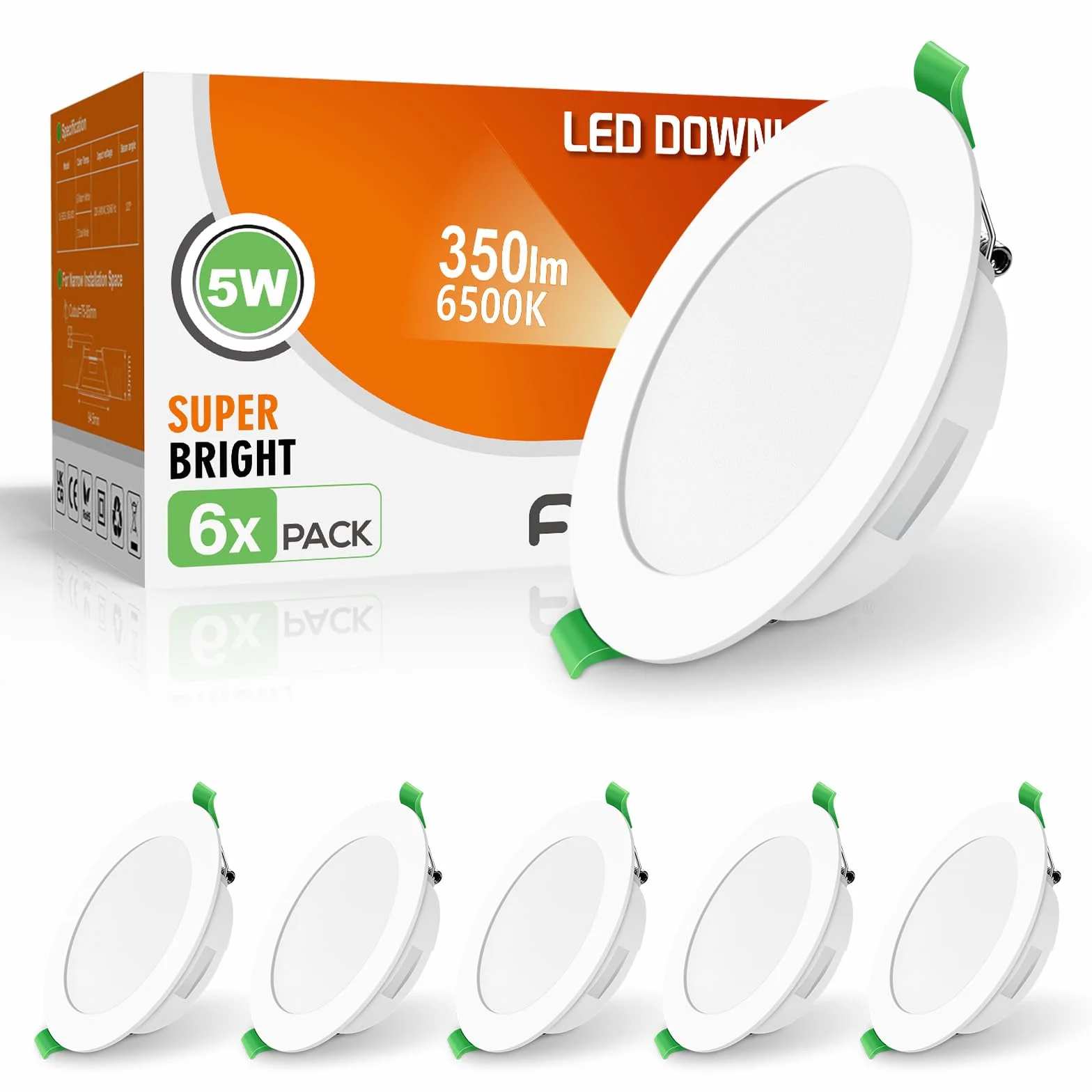 ALUSSO Bardzo płaska, wpuszczana reflektor LED, 5 W 350 lm zimna biel 6500 K, IP44 do łazienki, ultracienki 30 mm, wbudowany AC220-240 V do salonu, kuchni, zestaw 6 sztuk