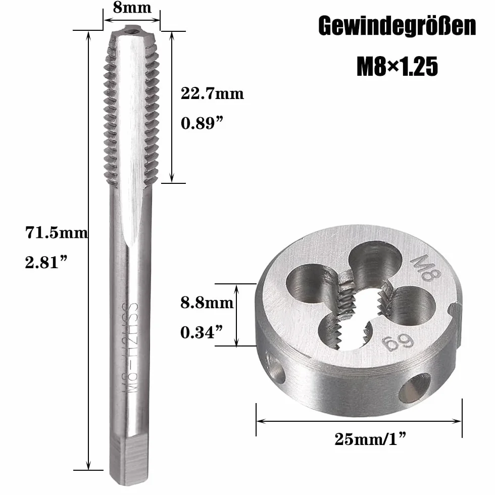 Gwintownik M8 x 1,25 metryczny HSS prawy drobnozwojny prosty rowkowany