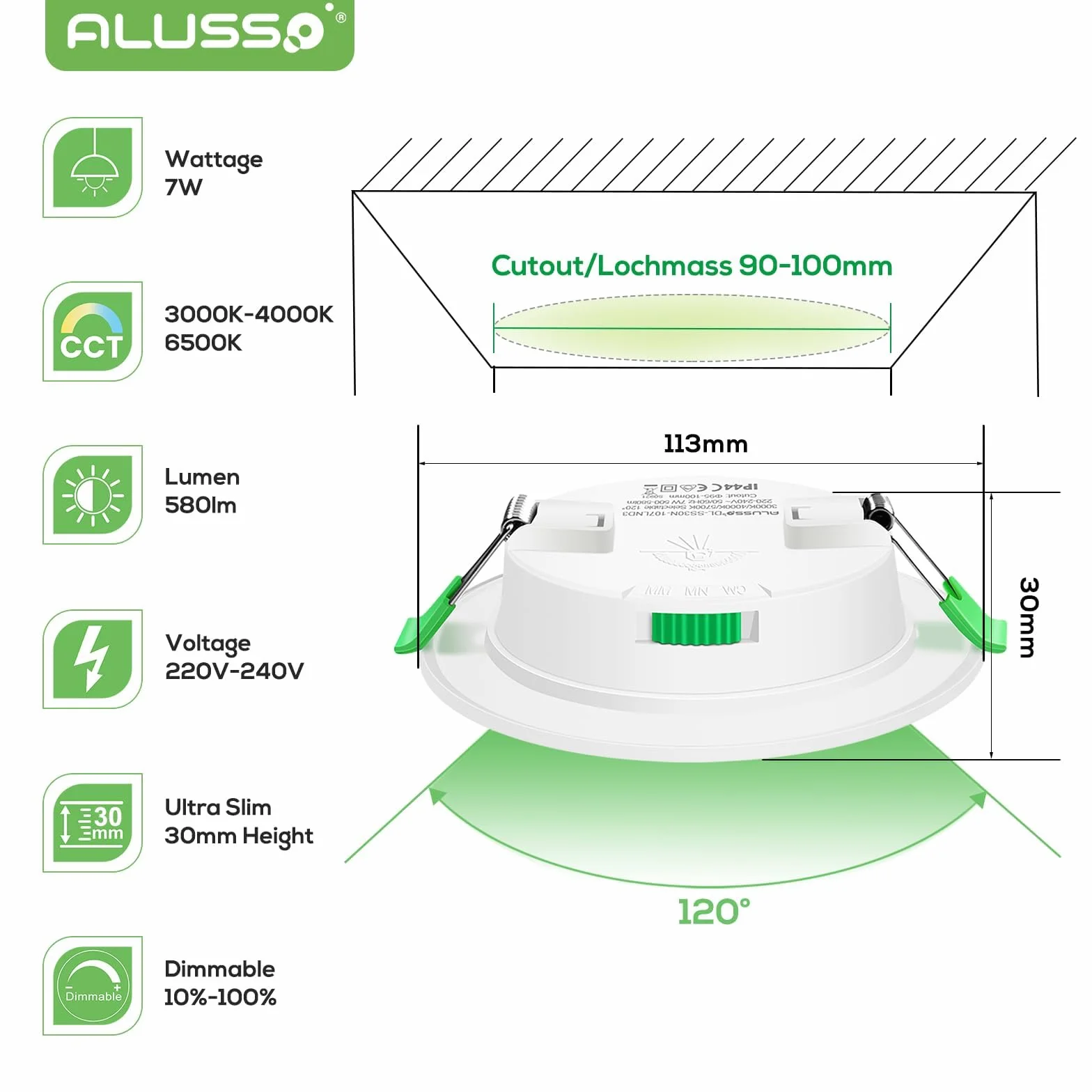 ALUSSO Reflektor LED do zabudowy 7W 580lm 30mm IP44 zestaw 6 sztuk