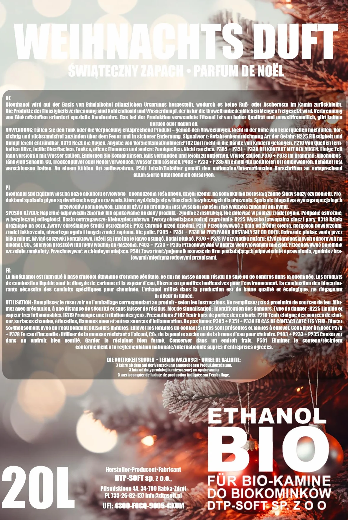 Bioetanol klasy premium, 20 l, 96,6% czysty, 1 x 20 l, ekologiczne paliwo do kominków na etanol, czyste spalanie, bezdymny, żywy i stabilny płomień (świąteczny zapach)