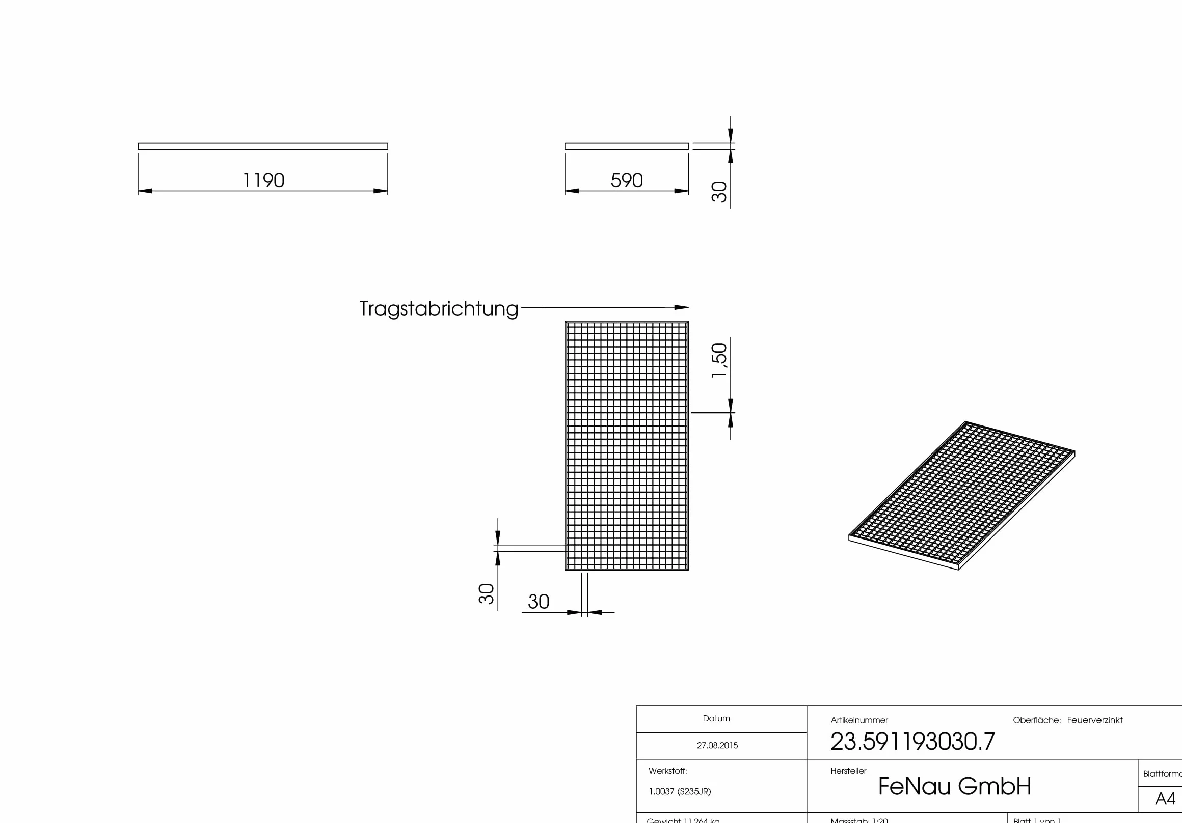 Fenau ruszt kratowy ocynkowany 590 x 1190 x 30 mm 30/30 mm do studni świetlnej