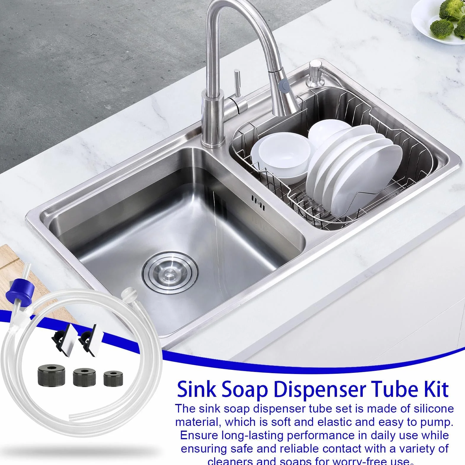Sink Soap Dispenser Tube Kit with Check Valve, 12.9/10.9/3.7 Inches, Soft Flexible Tube, White