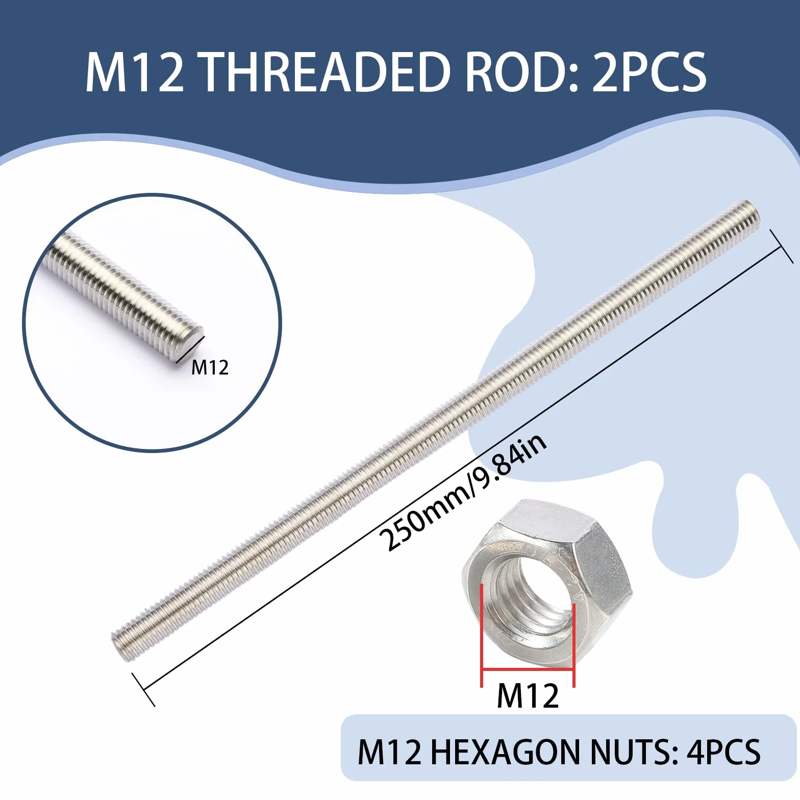 Pręt gwintowany M12 x 250 mm stal nierdzewna 5 sztuk z nakrętkami M12