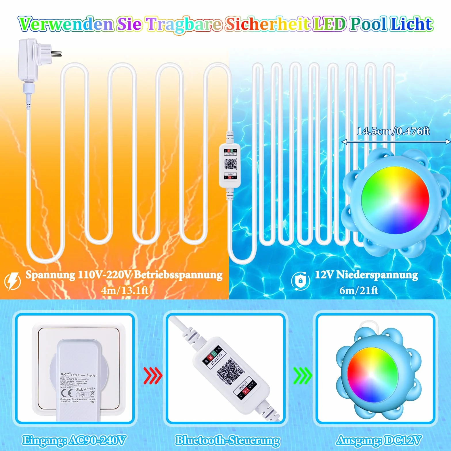 Oświetlenie basenu RGB z pilotem, muzyczne, timer, podwodne do wanny (2)