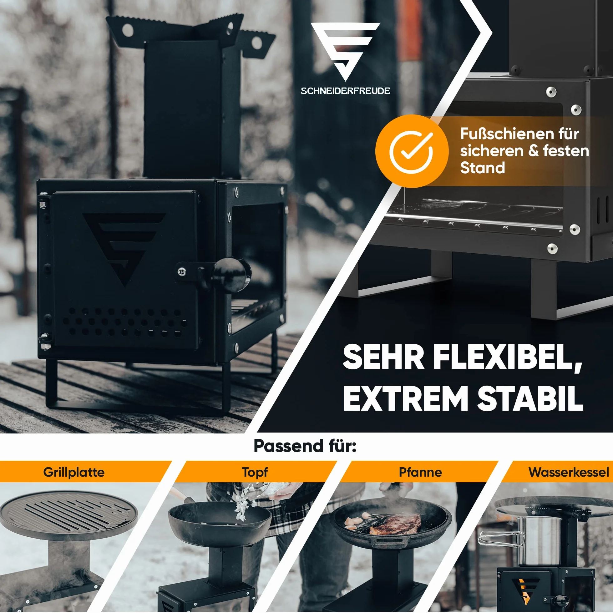 SCHNEIDERFREUDE Piec rakietowy premium z torbą transportową, 2 powierzchnie do gotowania, szybą i patelnią na popiół, do ogrodu i na kemping