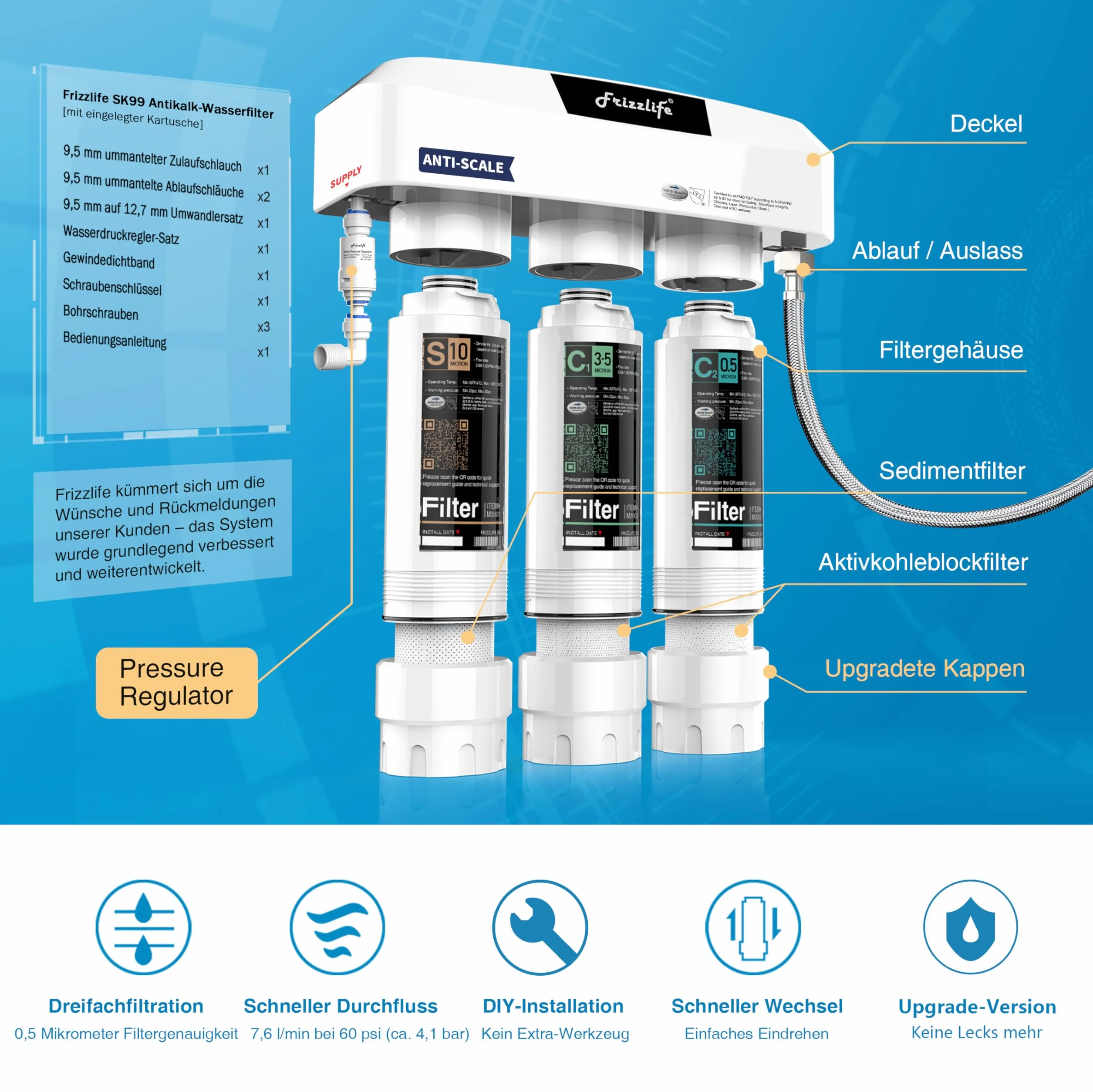 Frizzlife SK99 podszafkowy system filtracji wody, 3-stopniowy filtr 0,5 mikrona, certyfikat NSF/ANSI 42&53