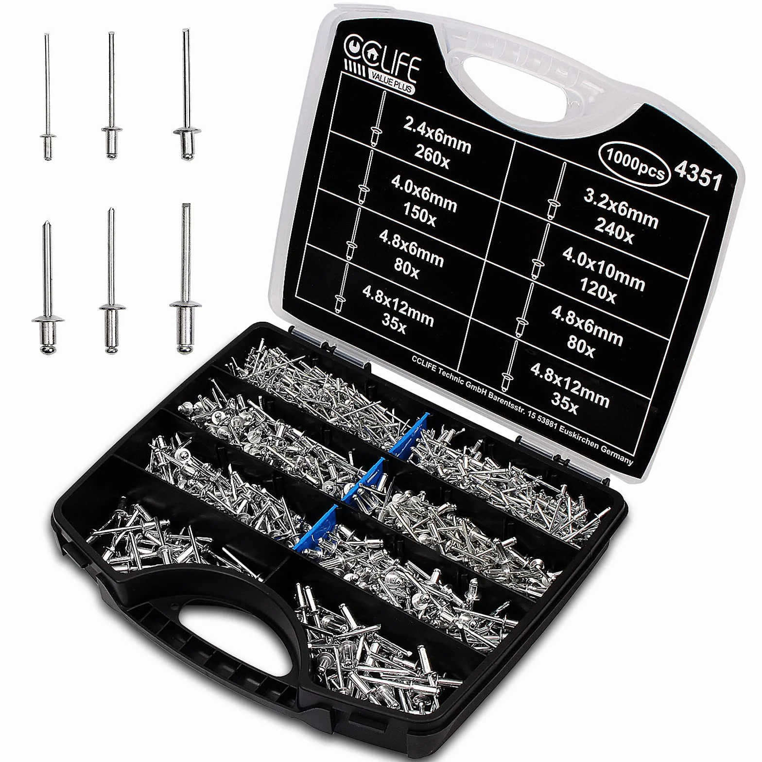 CCLIFE Zestaw 1000 sztuk nity aluminiowe ślepe nity poprzeczne nity stalowe 2,4-3,2-4-4,8mm
