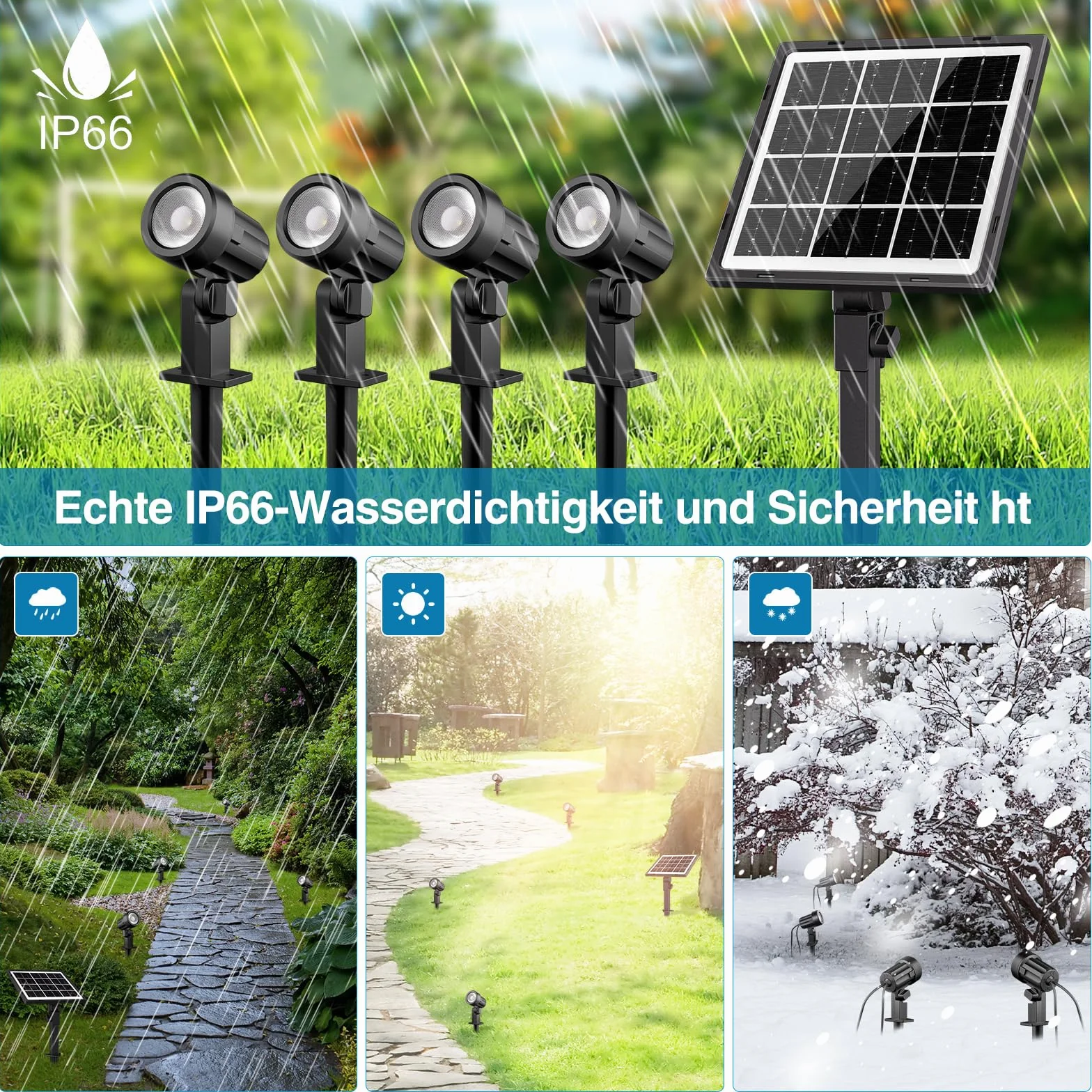 MEIHUA Solarne reflektory ogrodowe, 4 sztuki, 2700 K, ciepła biel, IP66 wodoszczelność, 5000mAh, lampy solarne, 3 jasności, 2 tryby dynamiczne, reflektor solarny do ogrodu, krzewów