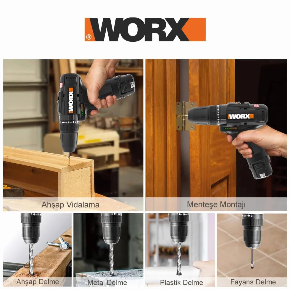 WORX WX121 akumulatorowa wiertarko-wkrętarka udarowa 12 V bezszczotkowa 2-biegowa 38 Nm 0-450/0-1700 obr/min