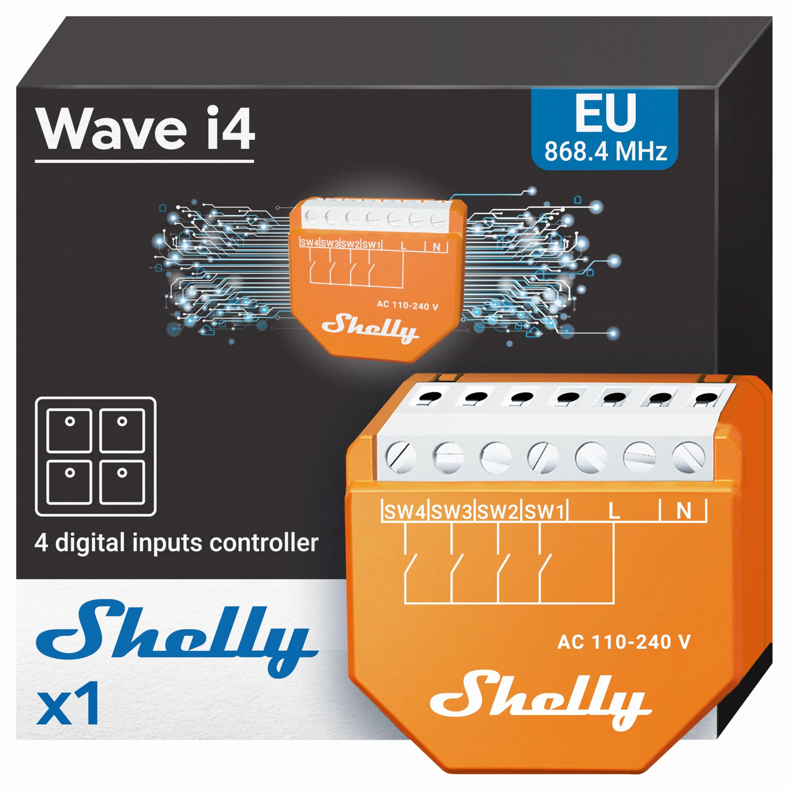 Shelly Wave i4 Kontroler Smart Home Z-Wave 4 wejścia 110-240 V AC Zdalne sterowanie Harmonogramy Sceny