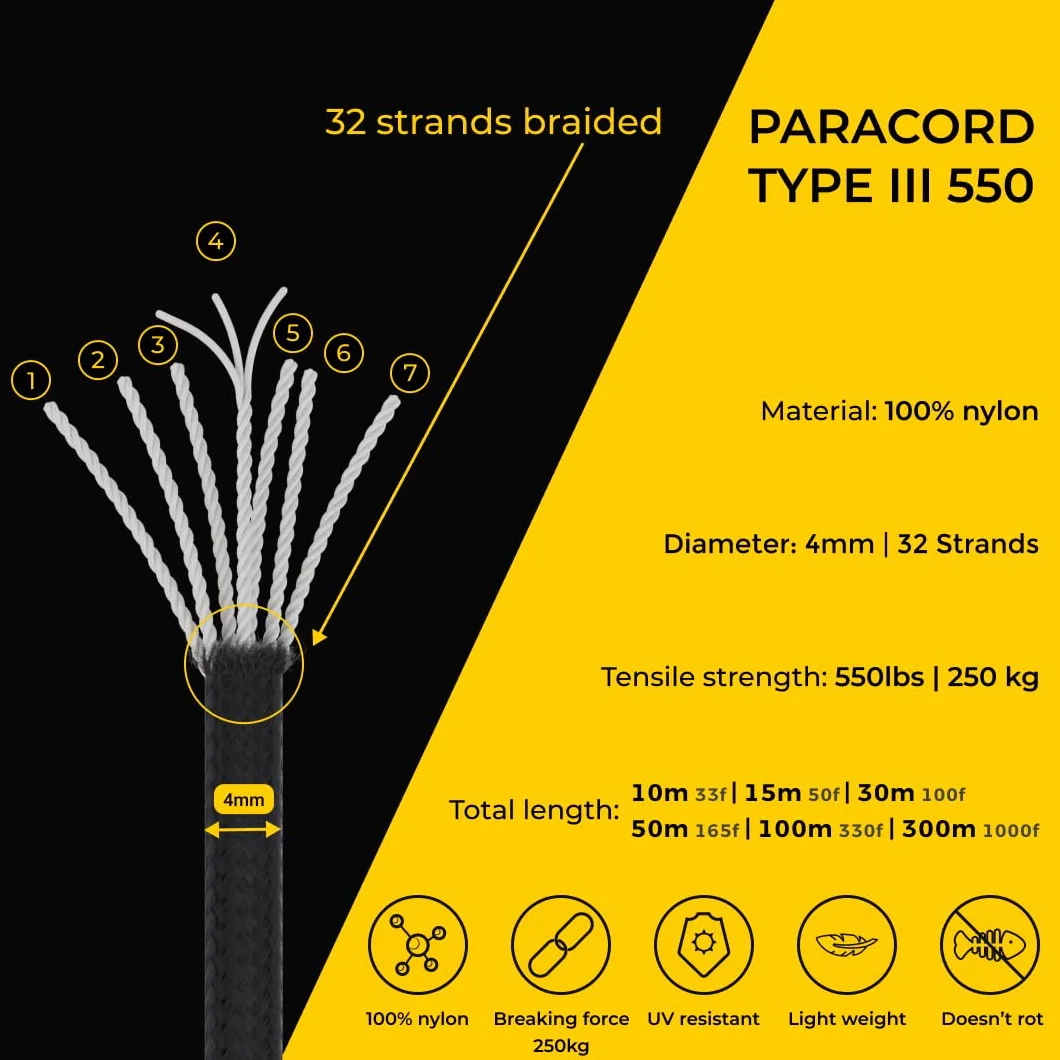 Paracord 4mm 100% Nylonowa Lina 550 Typ III 35 kolorów 10m 15m 30m 50m 100m 300m