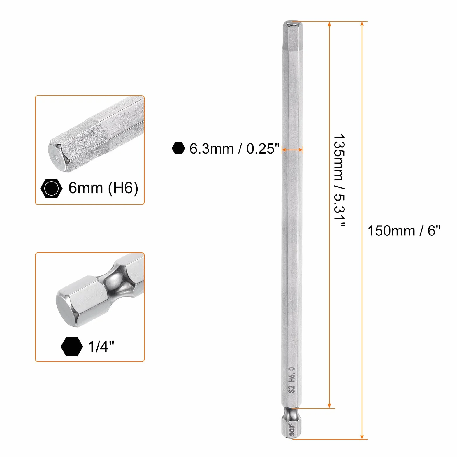 QUARKZMAN Klucz sześciokątny Wiertło 6 mm 1/4" 150 mm magnetyczne bity stal S2
