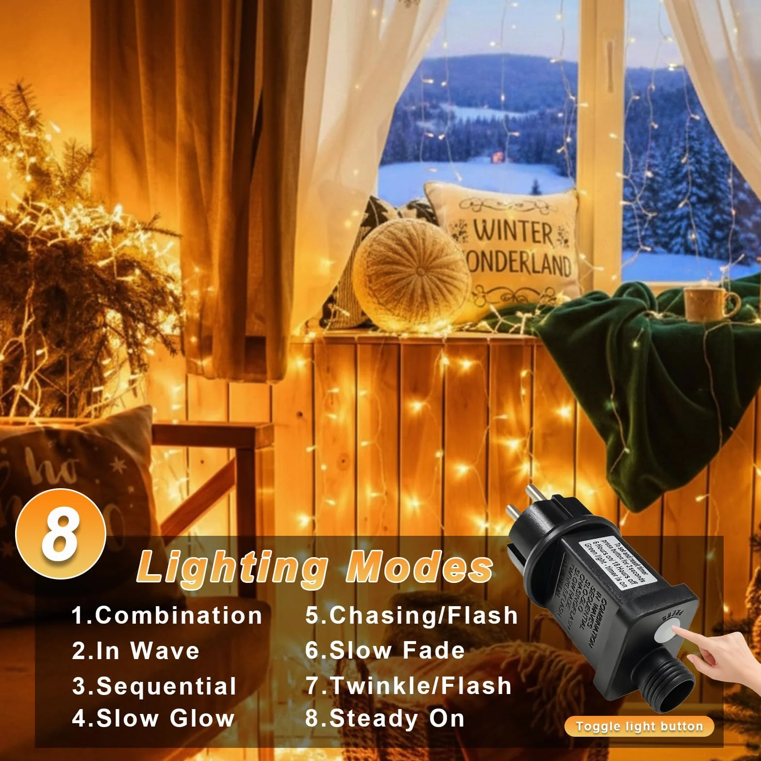 Łańcuch świetlny LED 10 m 100 diod Ciepła Biel 8 Trybów IP44 Przezroczysty Kabel