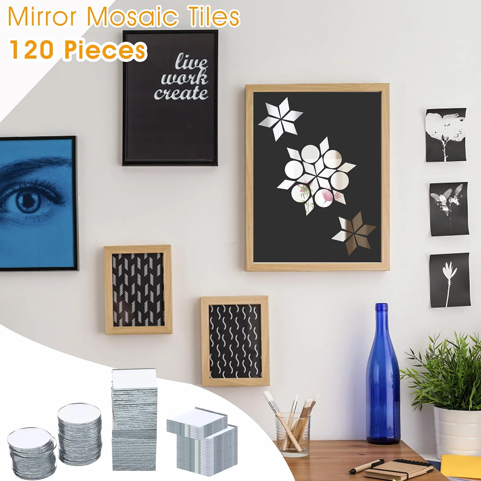 Prasacco 120 sztuk małych lusterek do majsterkowania – 3 kształty, mini kafelki mozaika szklane lustro DIY