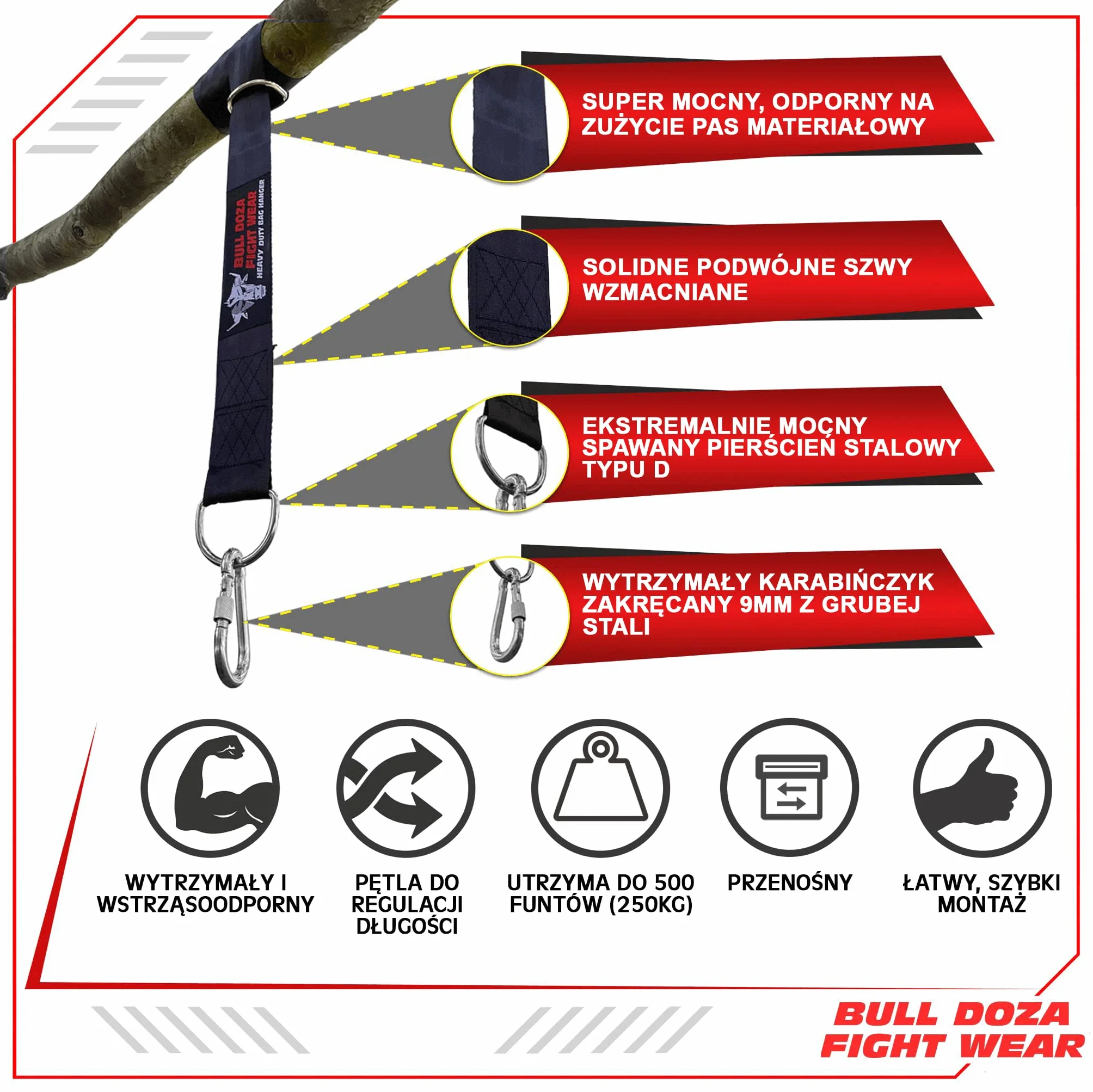 BULL DOZA FIGHT WEAR Wieszak na worek bokserski - cichy mocny antypoślizgowy - trzy rozmiary