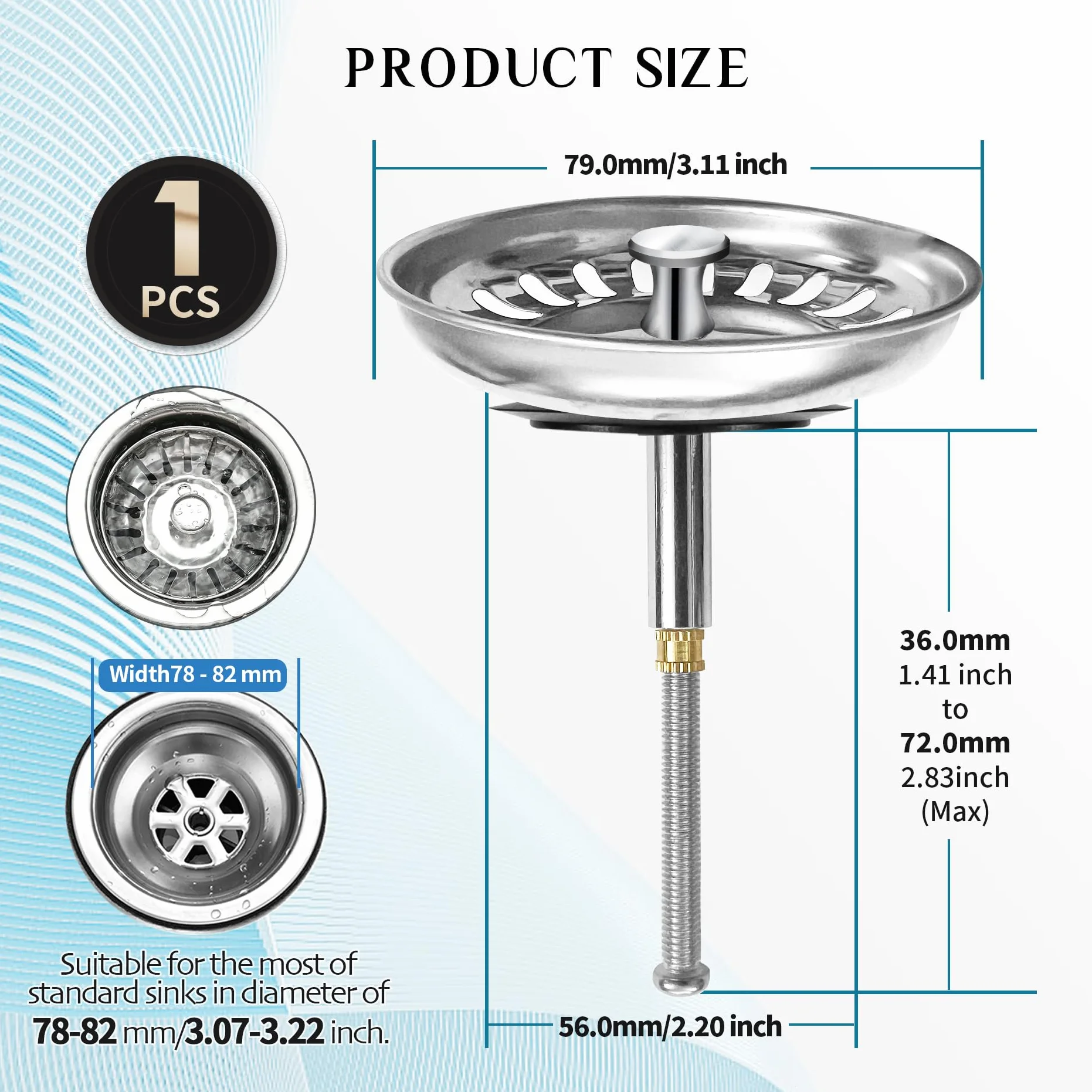Sitko do zlewu z czopem mimośrodowym 36-72 mm, ze stali nierdzewnej, Ø79 mm