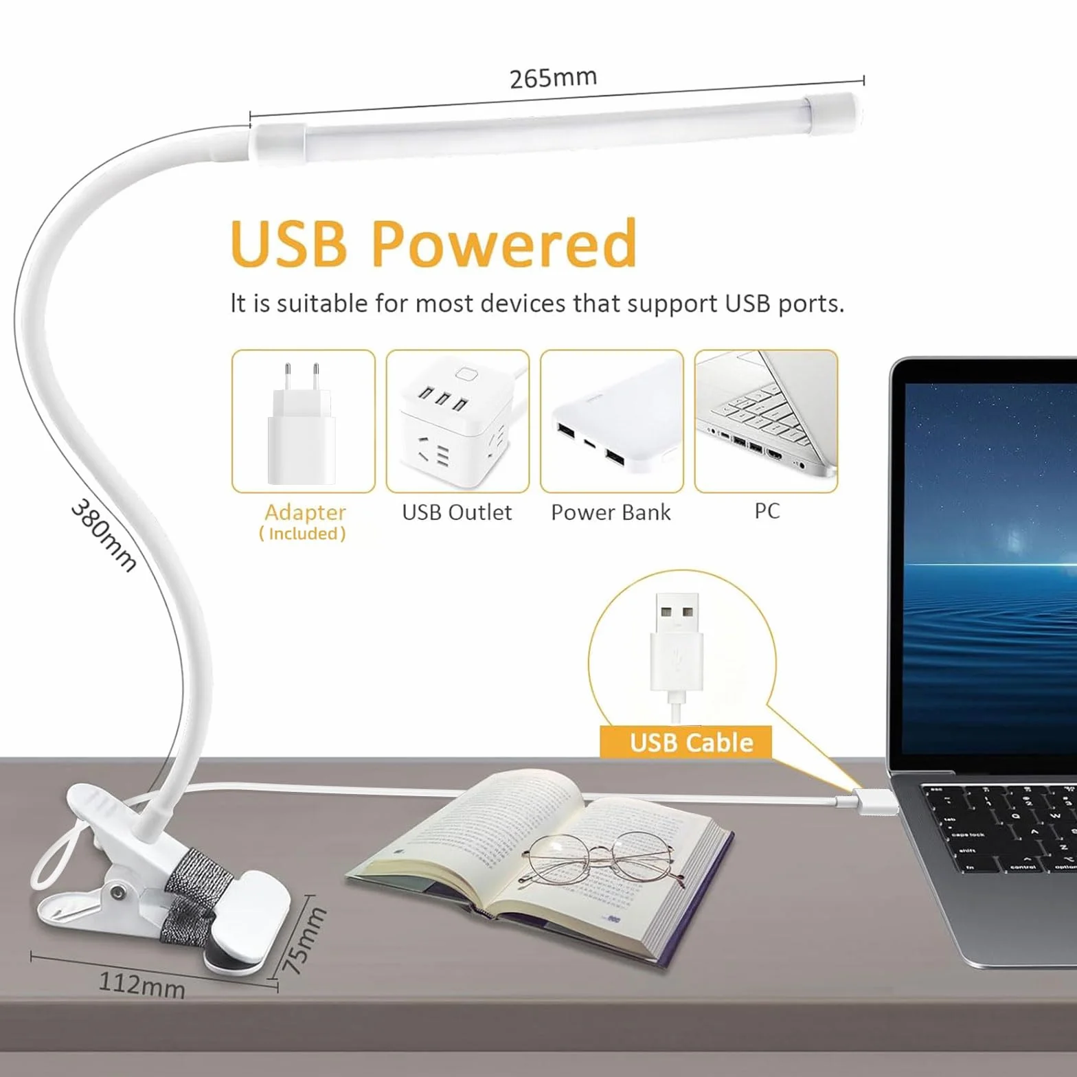 Akynite Lampa biurkowa 8W z zaciskiem USB, 3 kolory 10 jasności, elastyczna szyja łabędzia