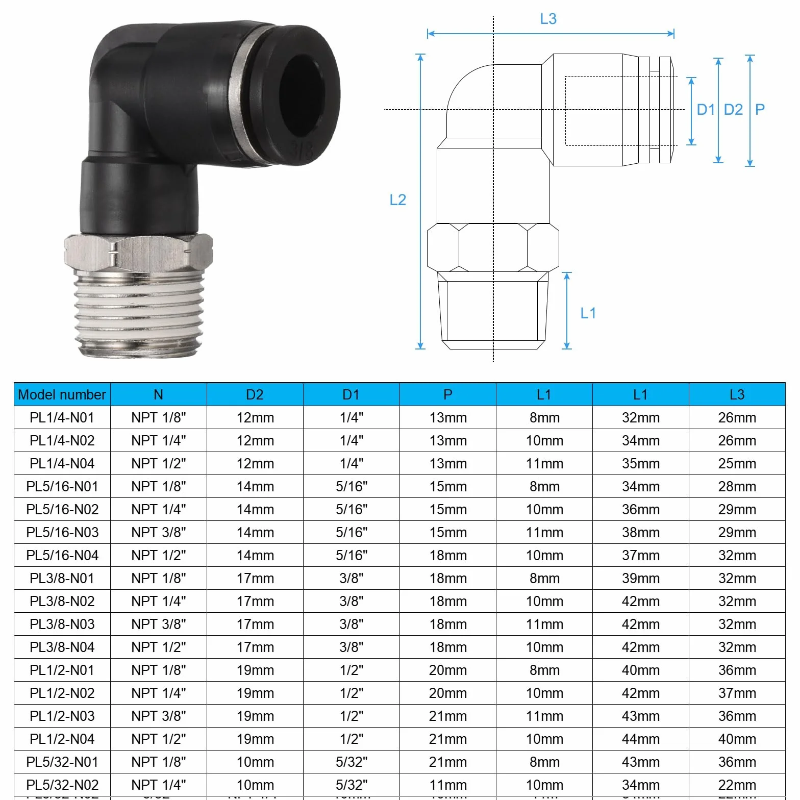 Złącza wtykowe męskie kolanko 3/8" rura OD x 3/8" NPT plastikowy wąż pneumatyczny szybkozłączka zestaw blokada Push Lock Pl3/8-N03 czarny