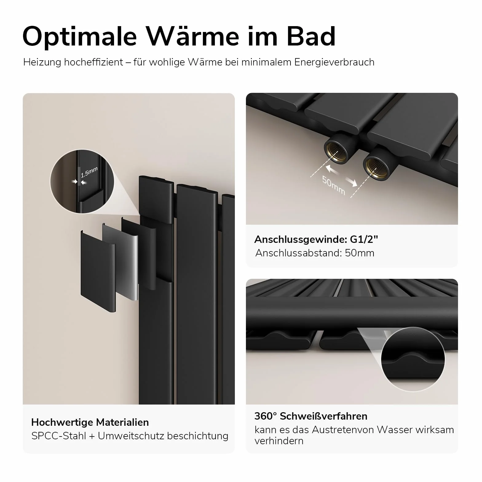 EMKE Designerski grzejnik mały, 900 x 304 mm, pionowy grzejnik płaski z przyłączem środkowym, jednowarstwowy grzejnik panelowy, grzejnik ścienny do łazienki, sypialni i salonu, czarny, 297 W