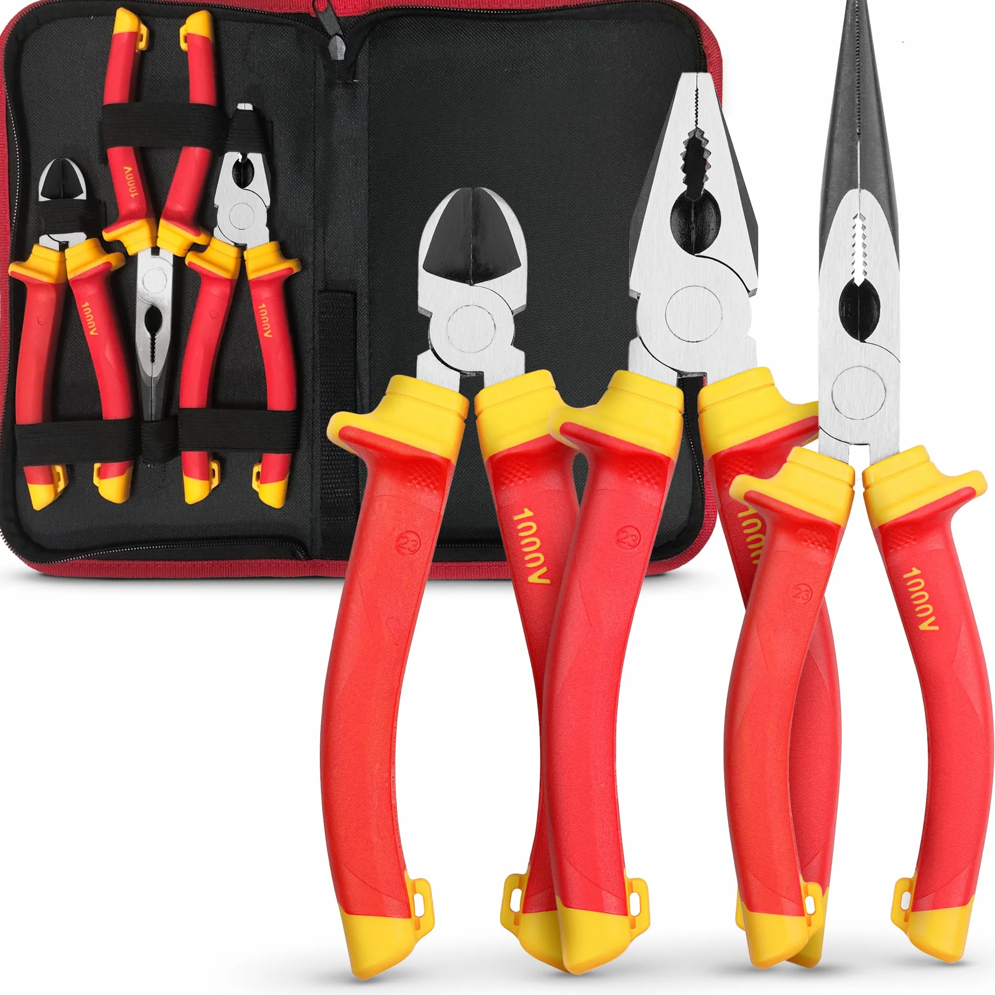 Electricians Pliers Set 3pc VDE Insulated Combination Long Nose Side Cutters