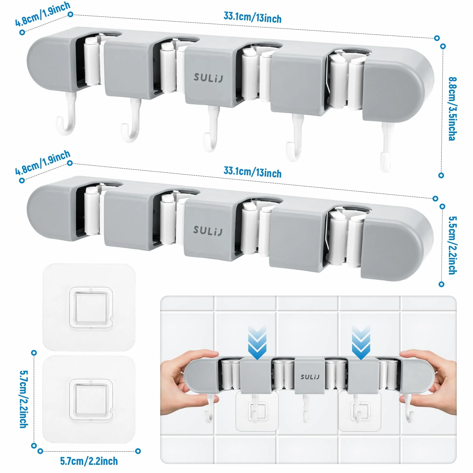 TAOPE Wieszak na miotły i mopy bez wiercenia, uchwyt na miotły ścienne 4 uchwyty i 5 haczyków, szary samoprzylepny uchwyt na miotły, organizer na miotły ścienne do domu łazienki kuchni jadalni garażu