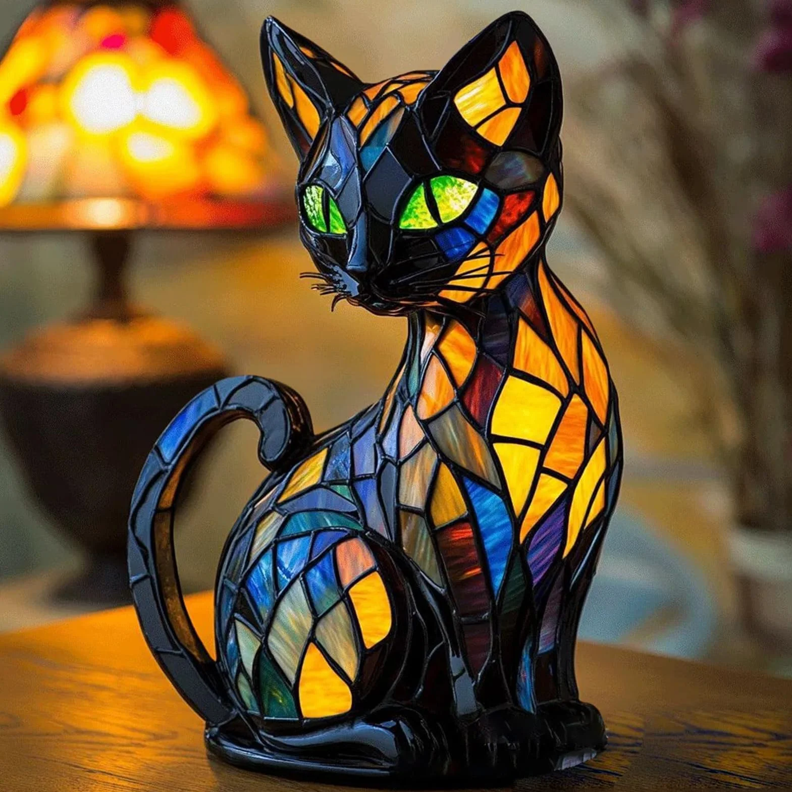Lampa witrażowa stołowa w kształcie kota, kolorowa sypialnia styl vintage, wystrój domu