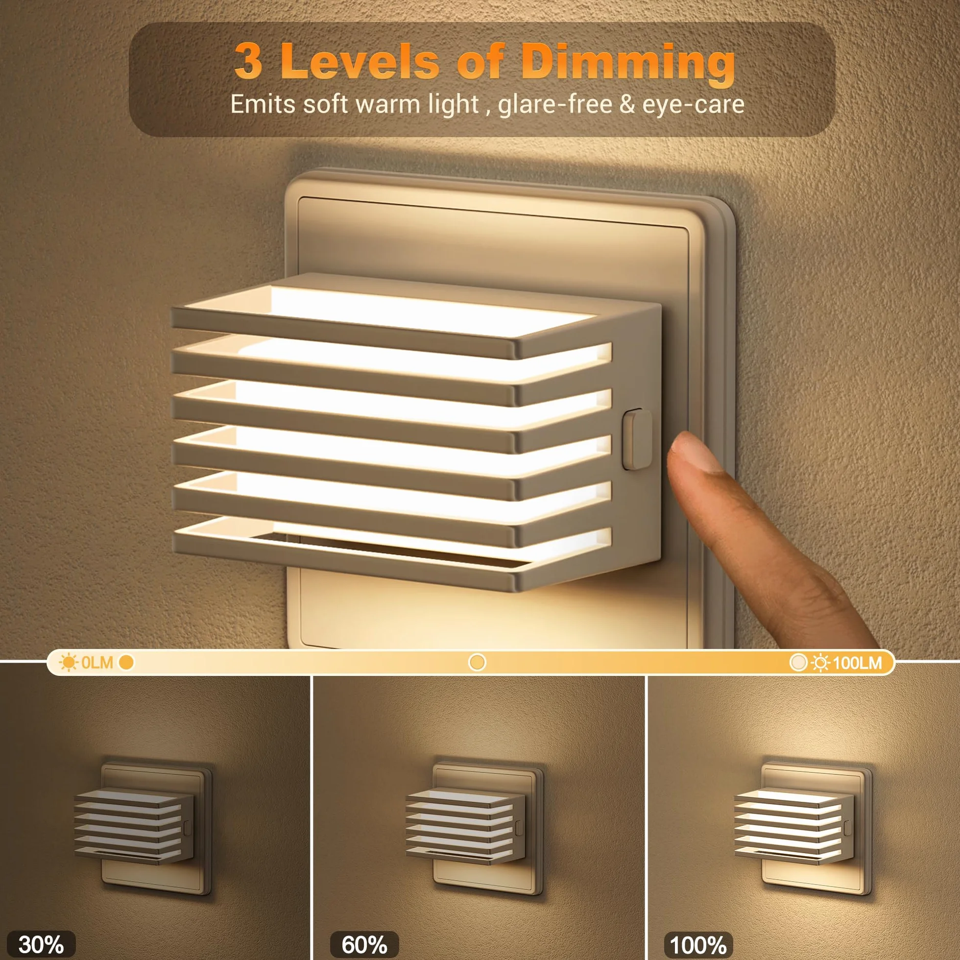 Emeritpro Lampka nocna LED do gniazdka z czujnikiem zmierzchu, ściemnialna, 2 sztuki, 30/60/100 lm, 3000 K